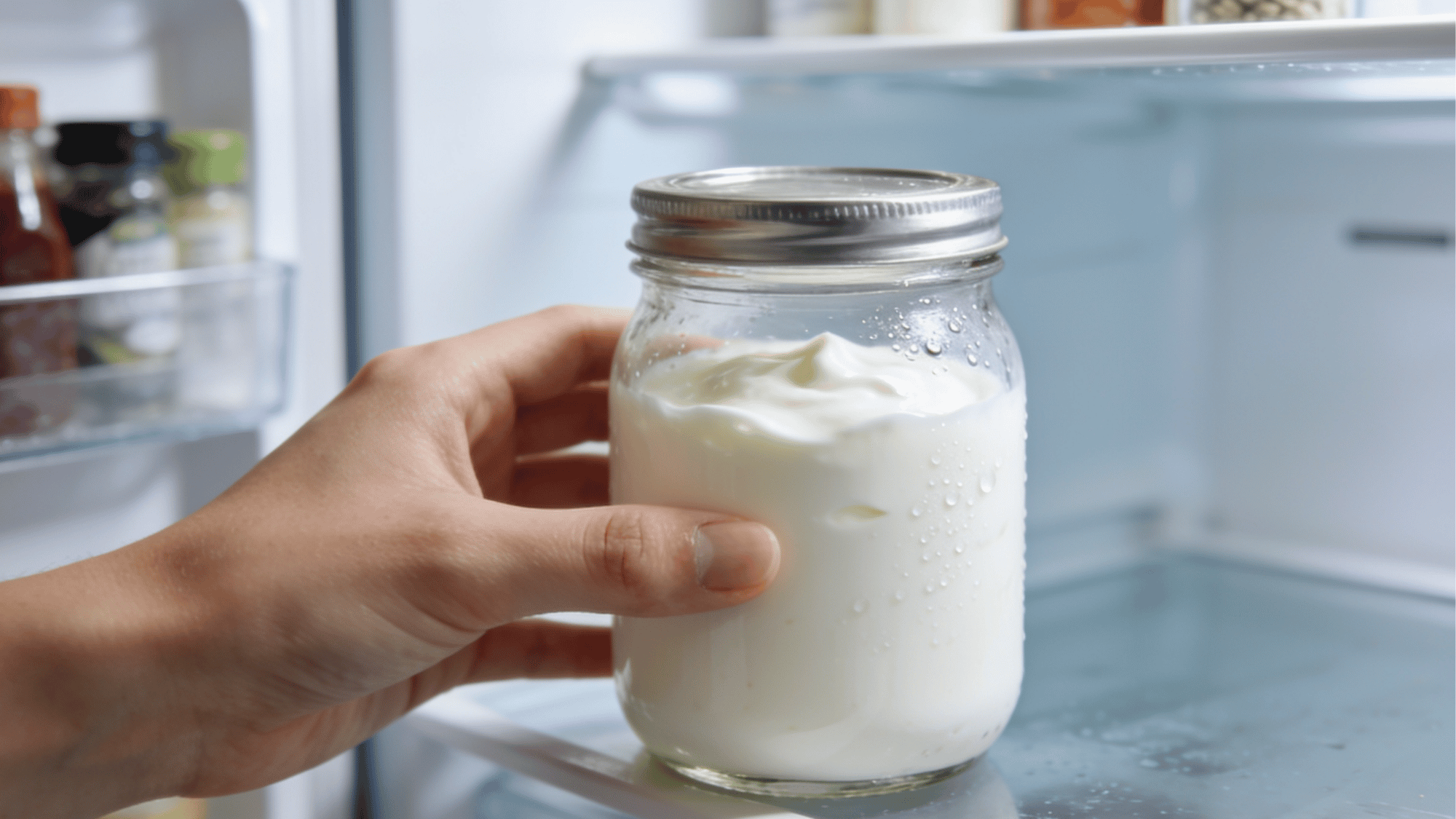 Homemade yogurt chilled and setting in a clean jar to firm up its texture before serving.