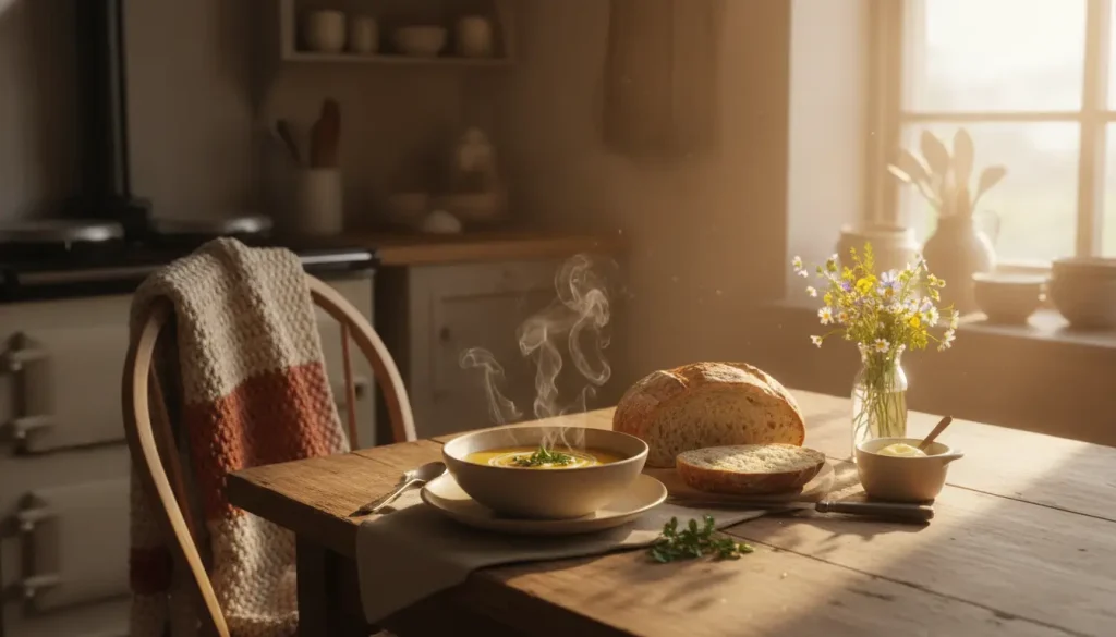 Steaming bowl of soup with crusty bread on rustic wooden table in cozy kitchen setting