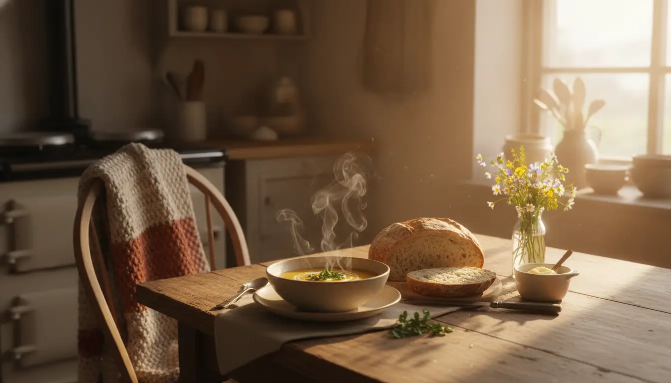 Steaming bowl of soup with crusty bread on rustic wooden table in cozy kitchen setting
