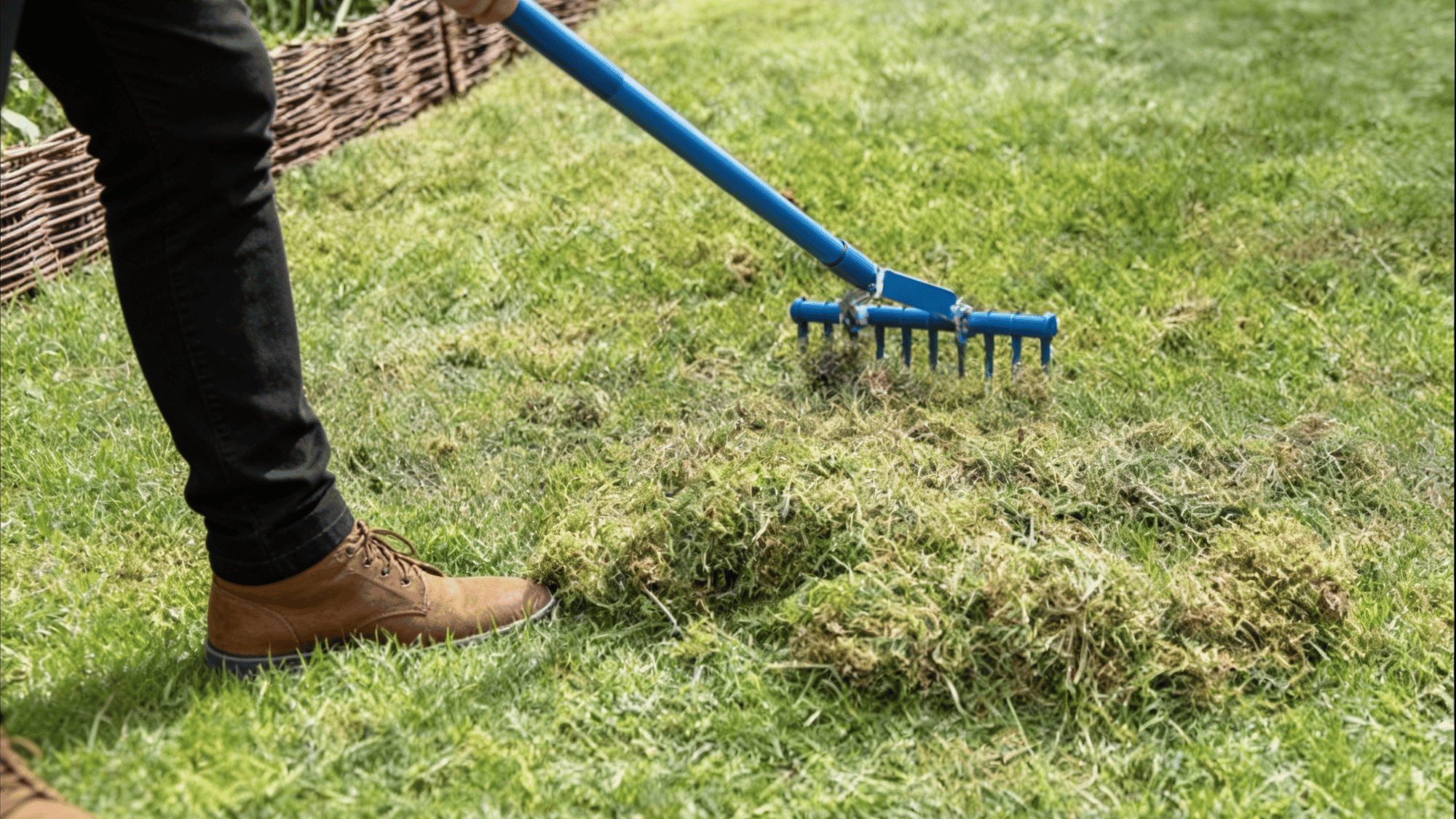 removing moss manually with a rake or lawn scarifier