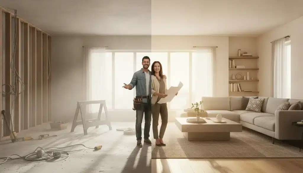 Couple standing in half-renovated living room with exposed wiring and completed modern decor