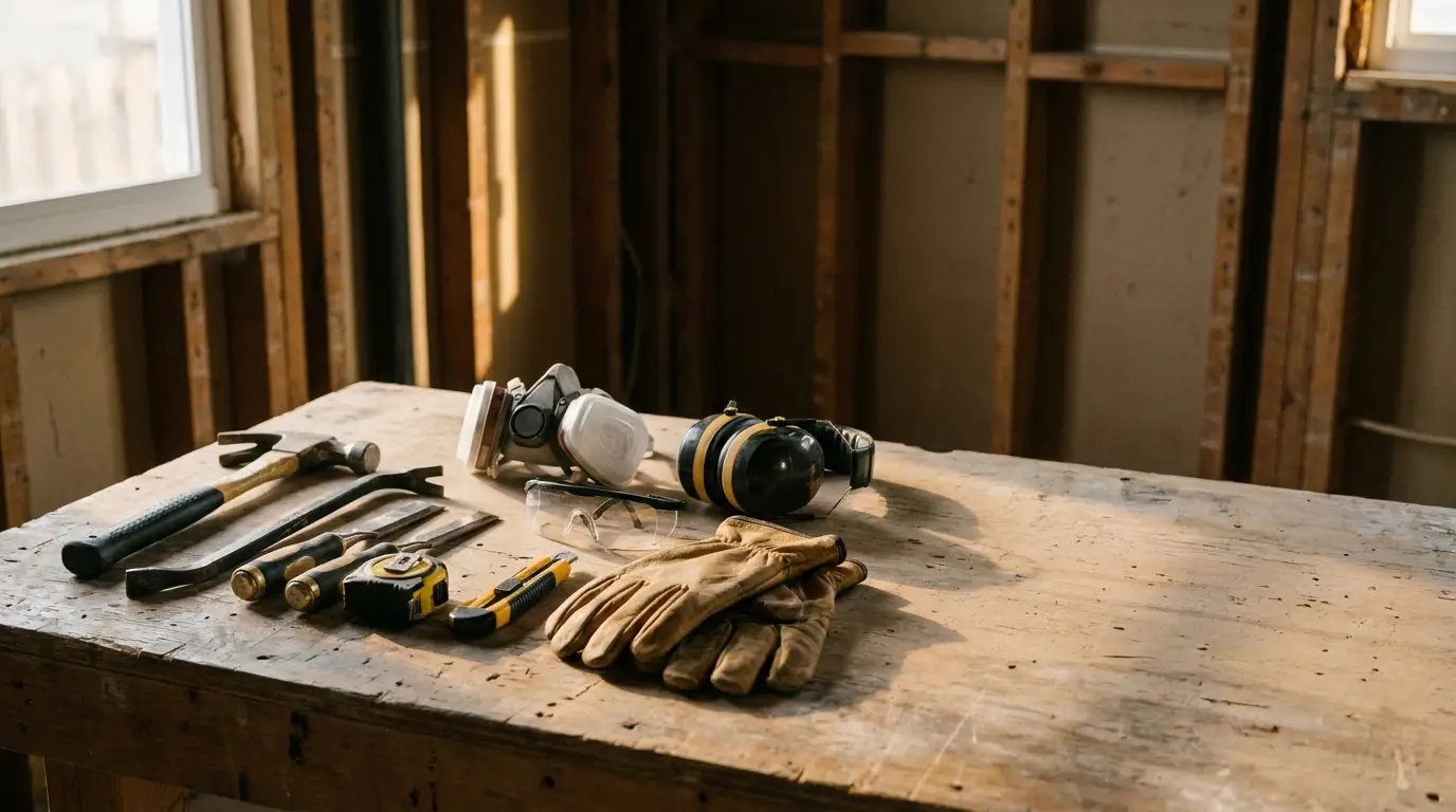 Hand tools and safety gear on wooden workbench in unfinished room with natural light