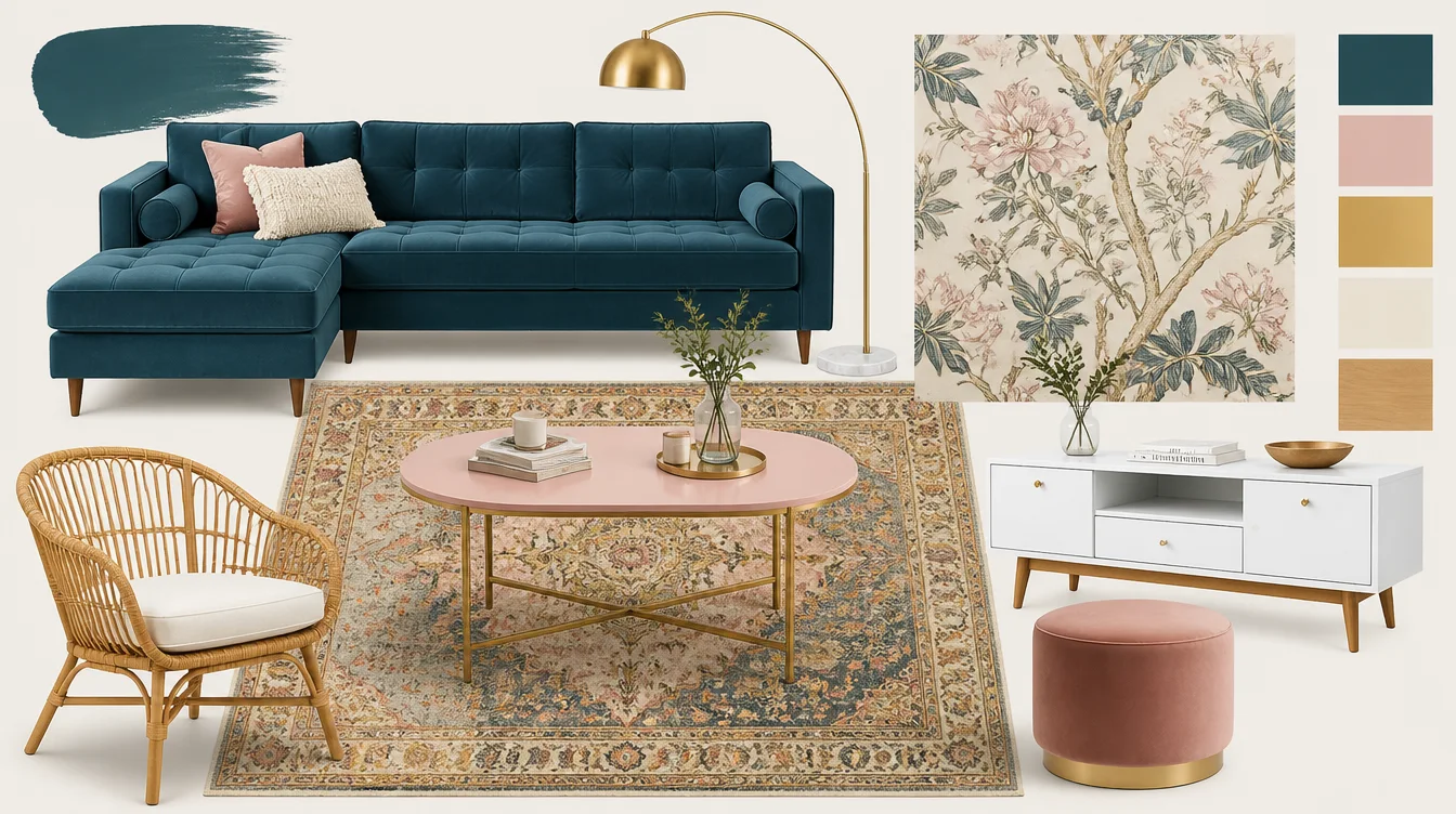 A mood board featuring a teal sectional sofa, oriental rug, pink coffee table, rattan chair, and floral wallpaper.