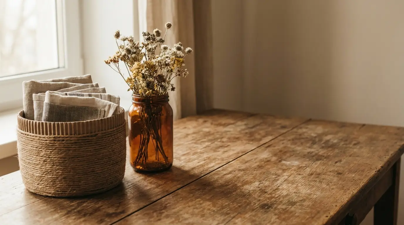 Dried flowers in amber jar beside basket of linens on rustic wooden table