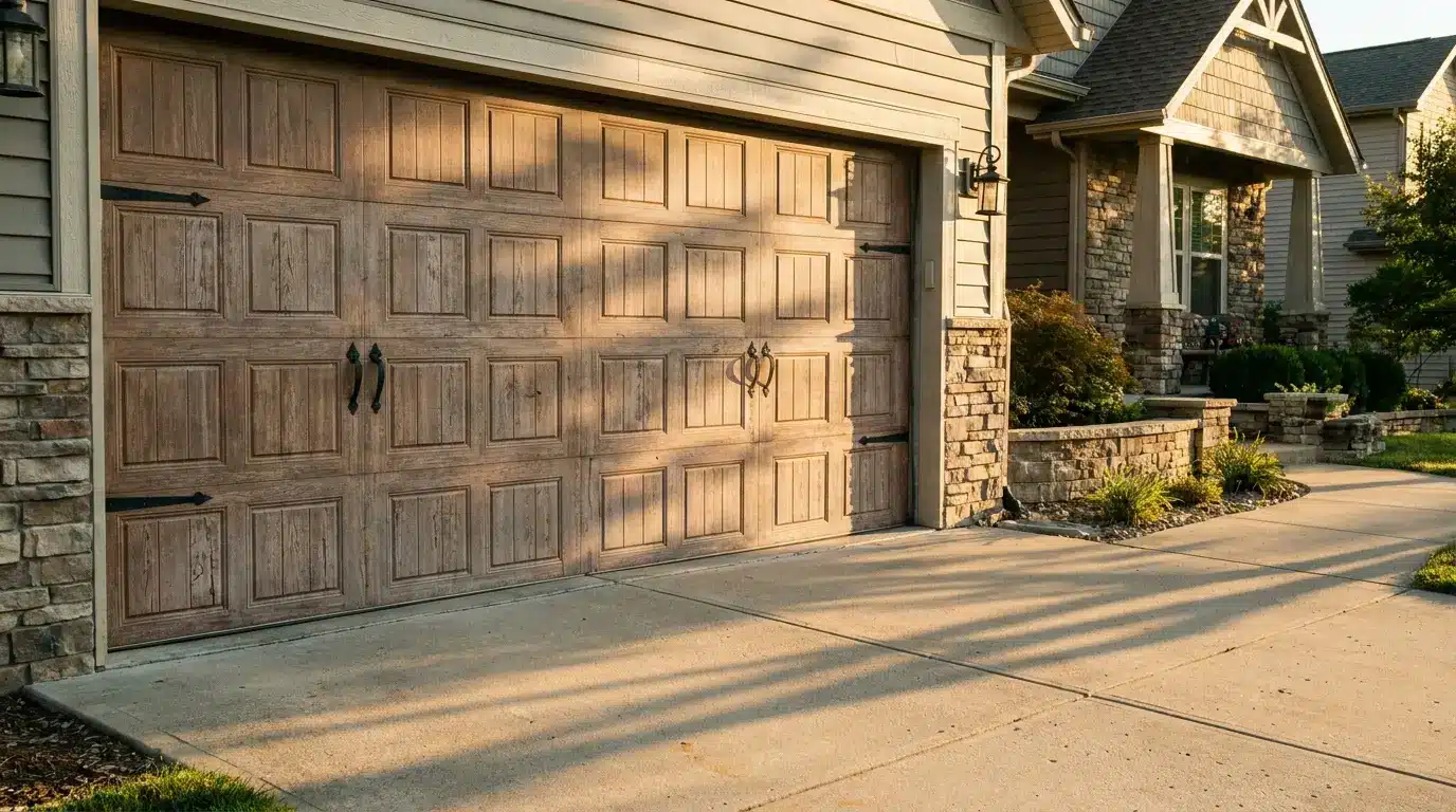 Wooden garage door on suburban house with stone accents under warm sunlight