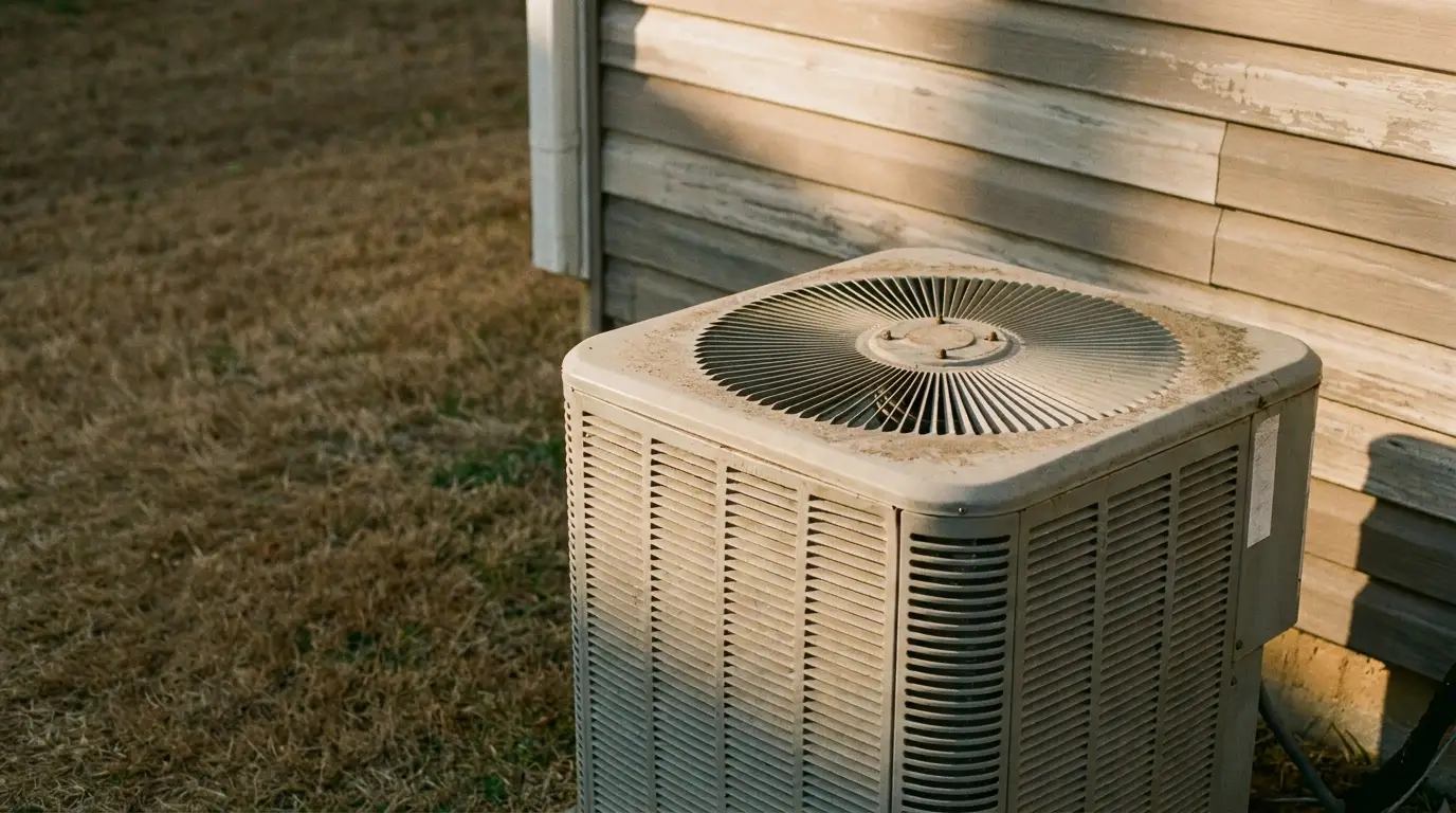 Outdoor air conditioning unit next to weathered house siding in a grassy yard