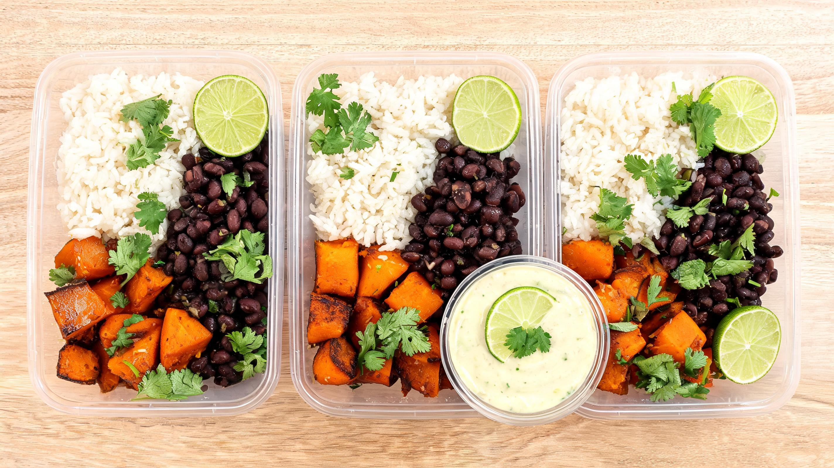 Cubed roasted sweet potatoes and seasoned black beans served over white rice.