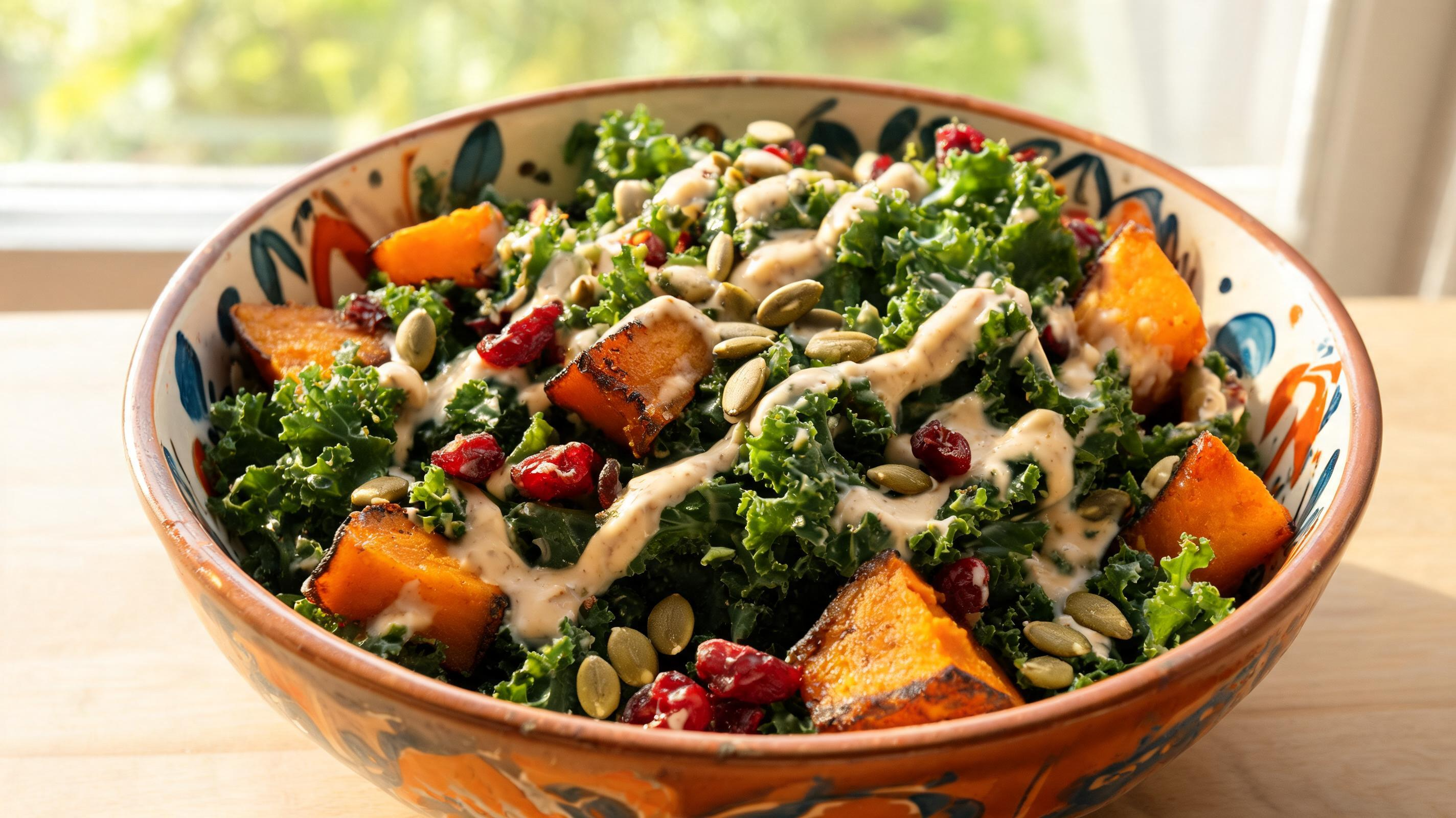 A hearty bowl of massaged kale salad with roasted sweet potato cubes.
