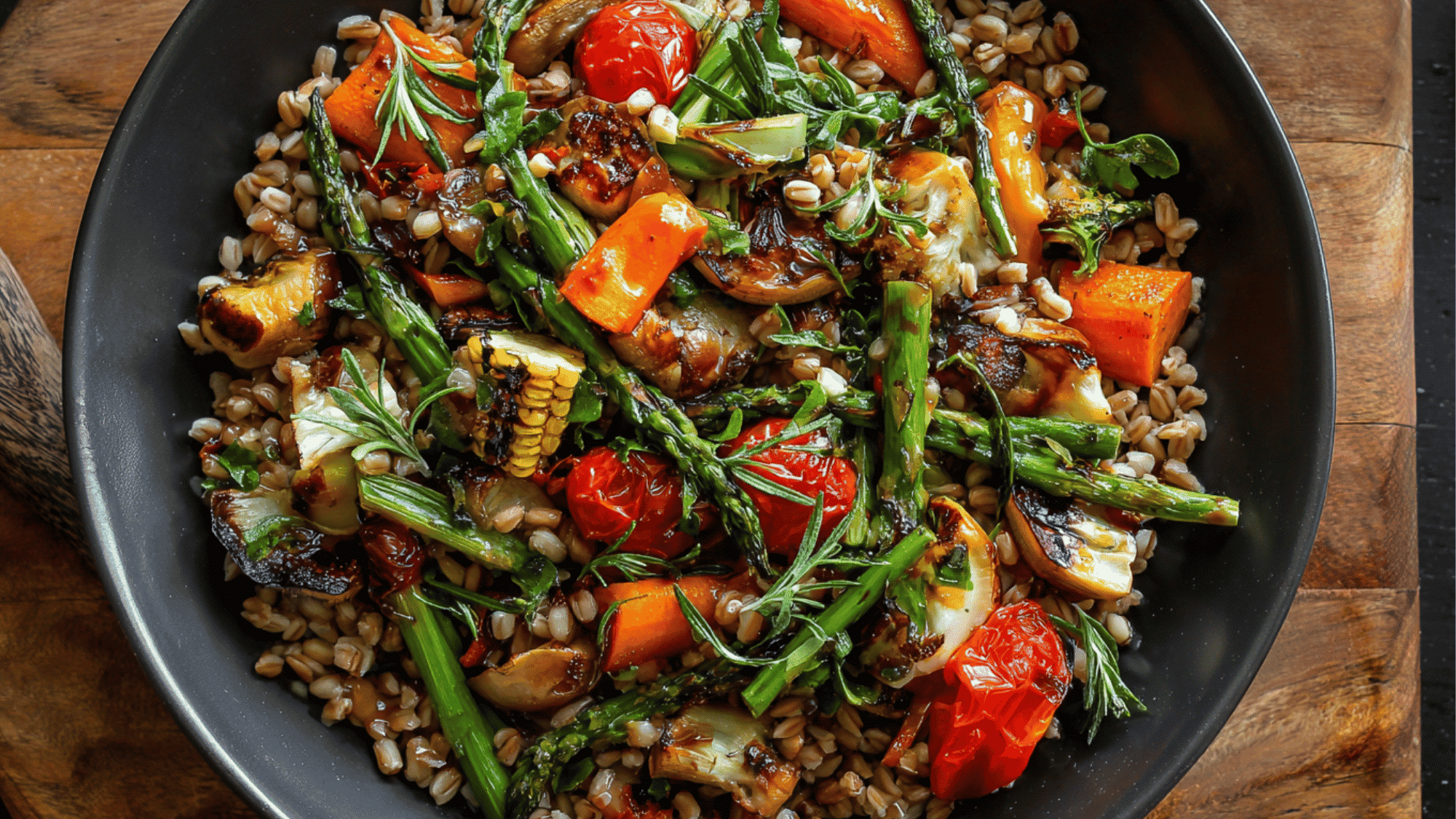 Roasted zucchini, bell peppers, and tomatoes over a bed of farro in a meal prep container, drizzled with balsamic glaze.