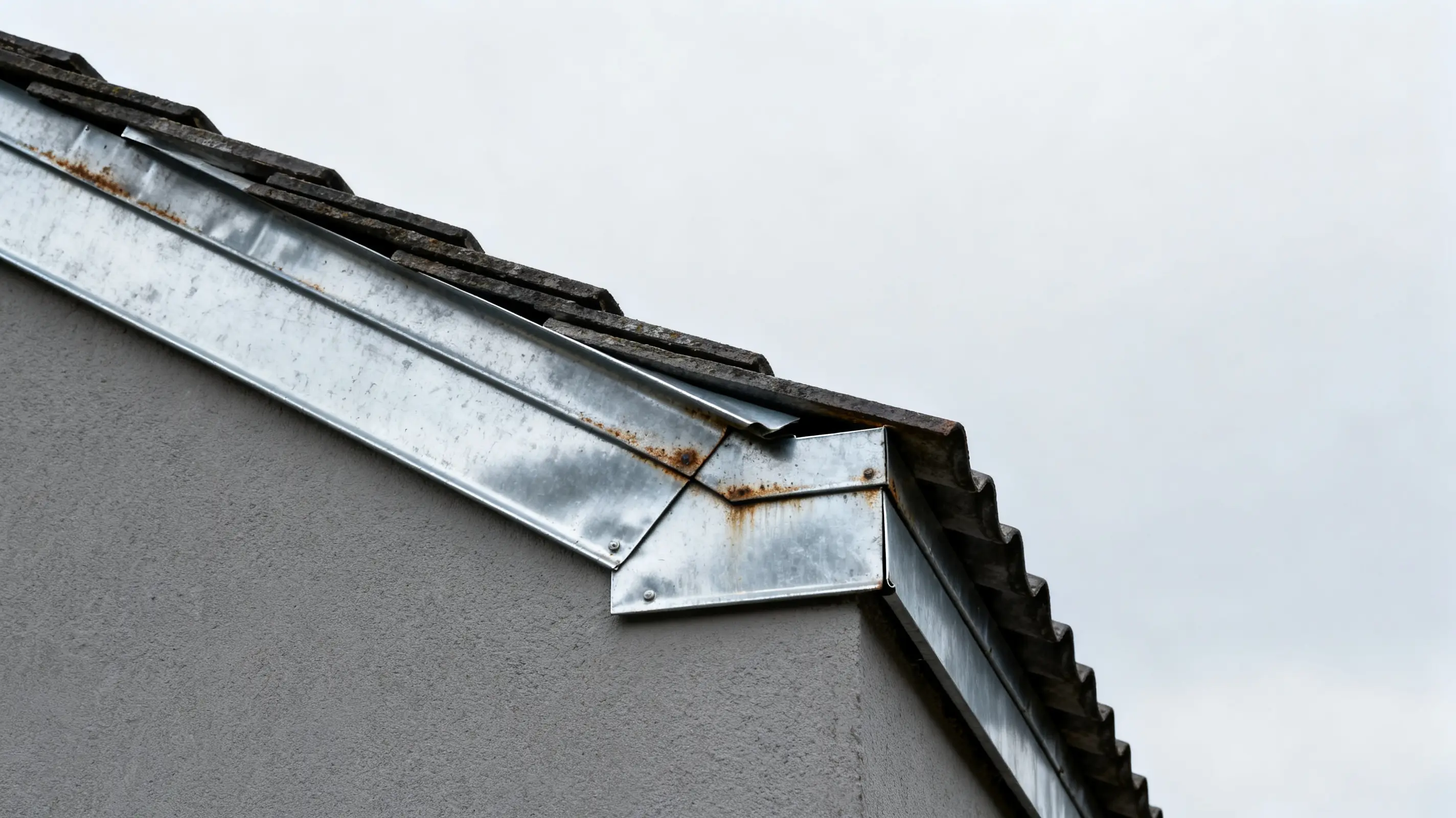 Corrugated metal roof corner with visible rust against overcast sky