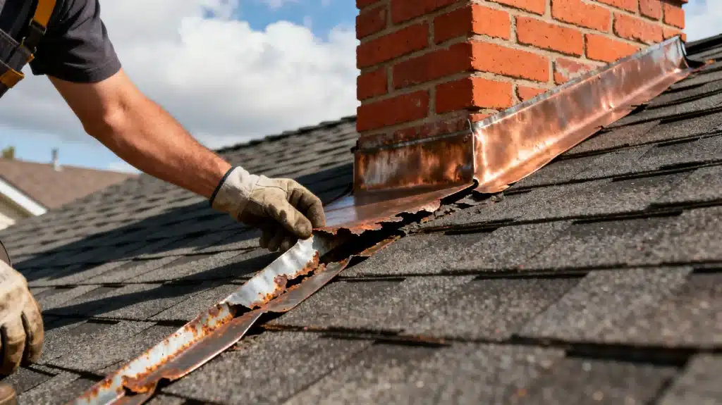 Worker repairing chimney flashing on shingled roof under sunny sky