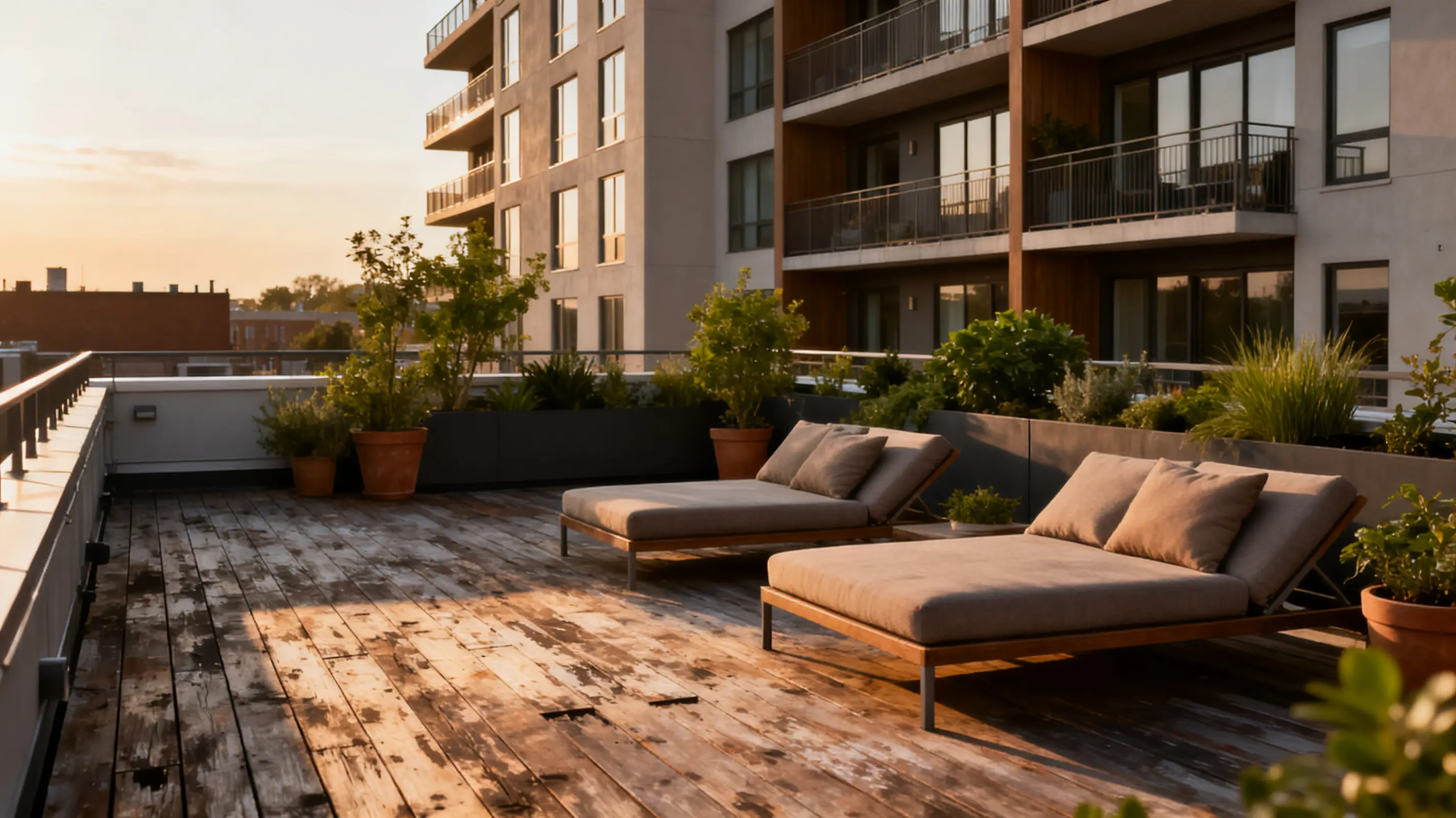 Rooftop terrace with wooden loungers surrounded by potted plants at sunset