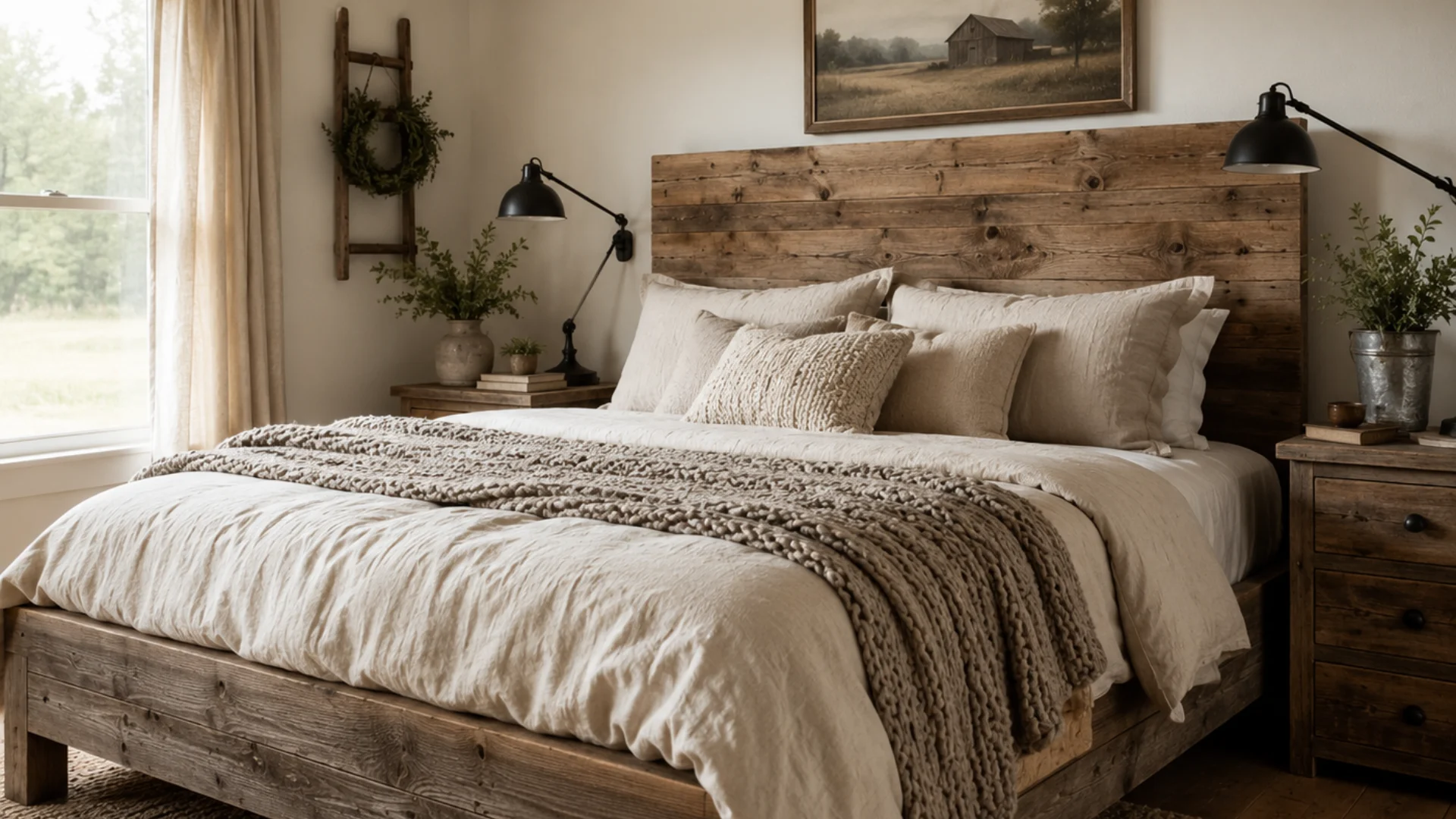 Cozy rustic bedroom featuring a reclaimed wood bed frame, neutral linens, and a knit blanket