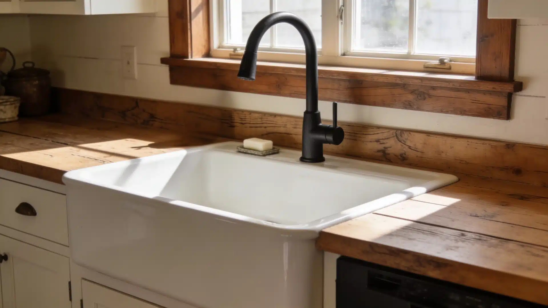 A matte black gooseneck faucet over a white apron-front farmhouse sink with wood countertops