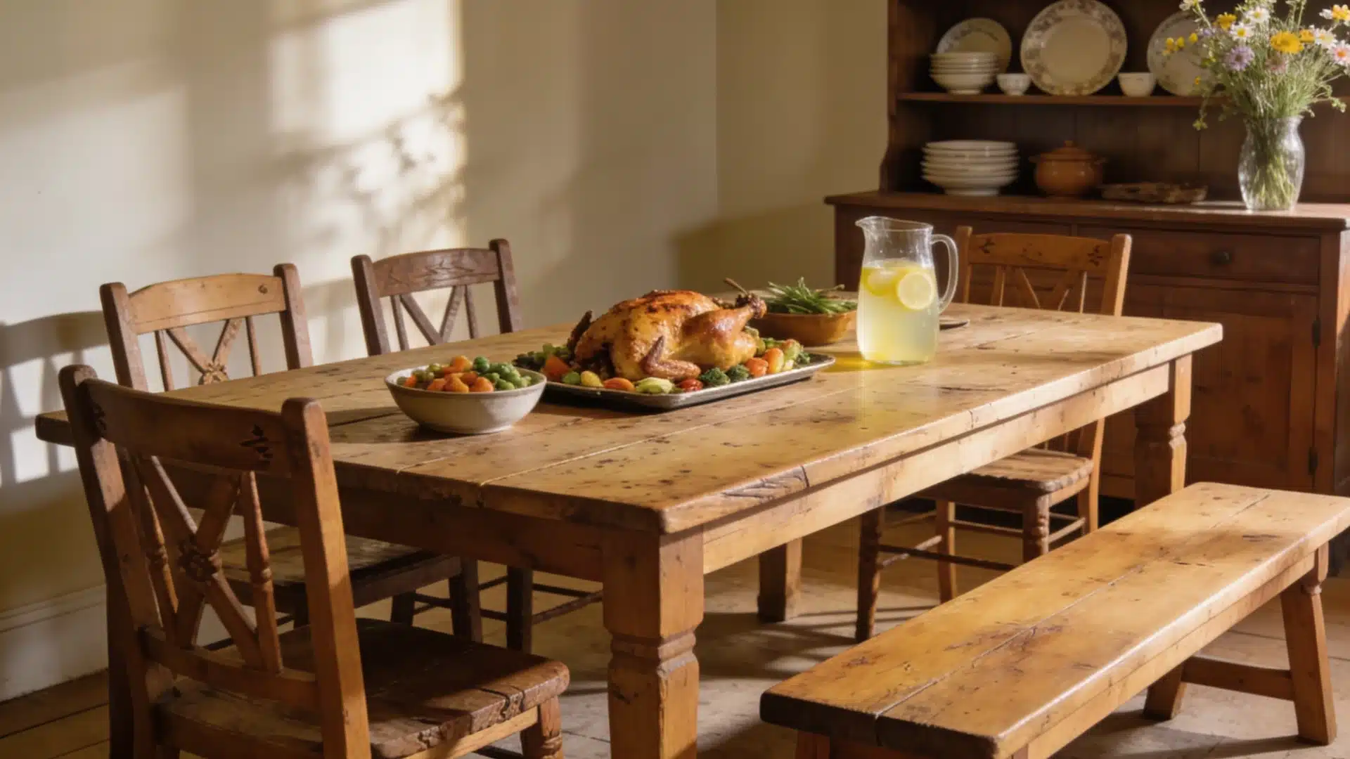 Solid wood farmhouse dining table set with a roasted chicken, side dishes, and a lemonade pitcher