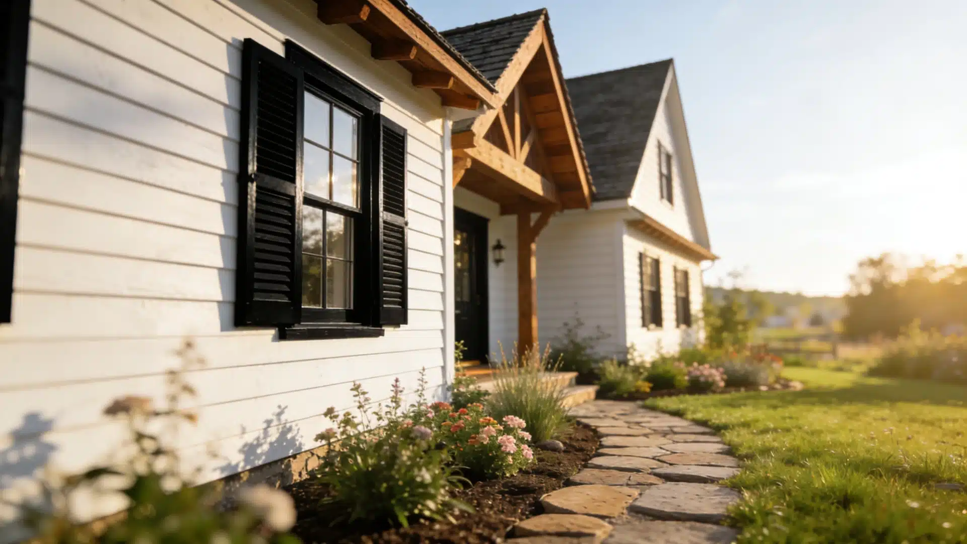 White farmhouse exterior with black shutters and a stone walkway winding through a green lawn