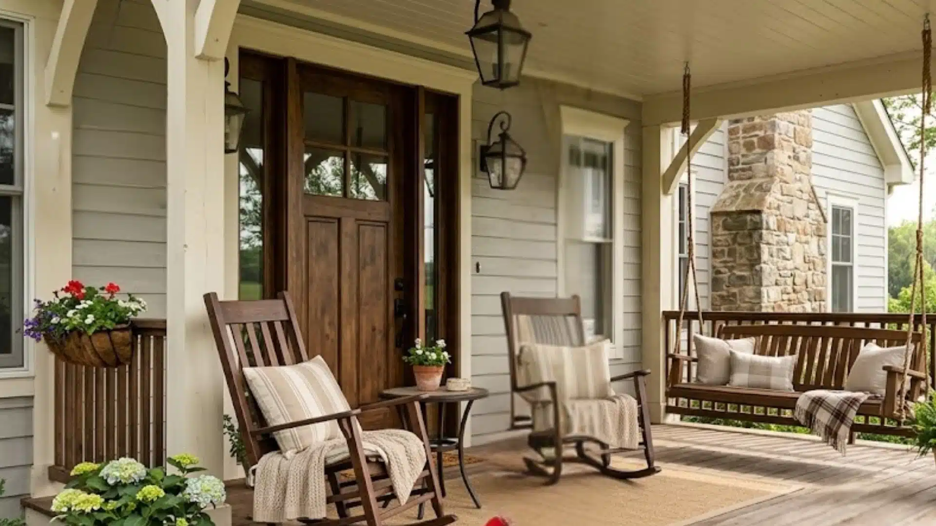 Cozy farmhouse porch with wooden rocking chairs, a hanging swing, lanterns, and potted flowers
