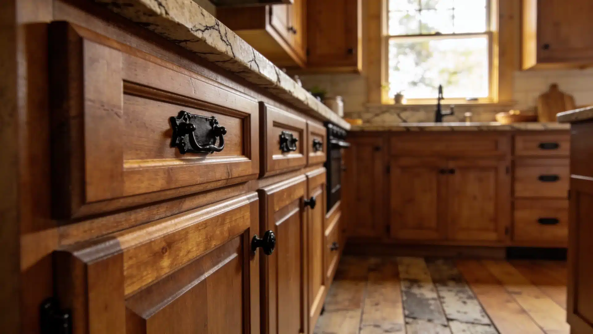 Close-up of rustic wood kitchen cabinets with dark hardware and a textured stone countertop
