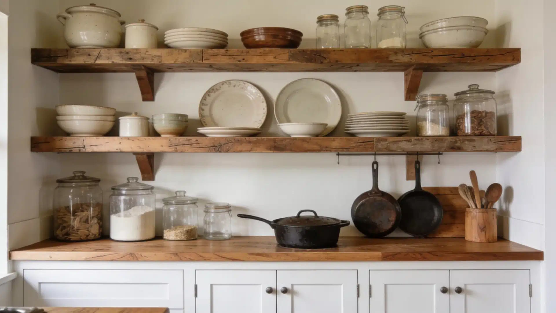 Farmhouse kitchen counter with white cabinets and open reclaimed wood shelves holding dishes