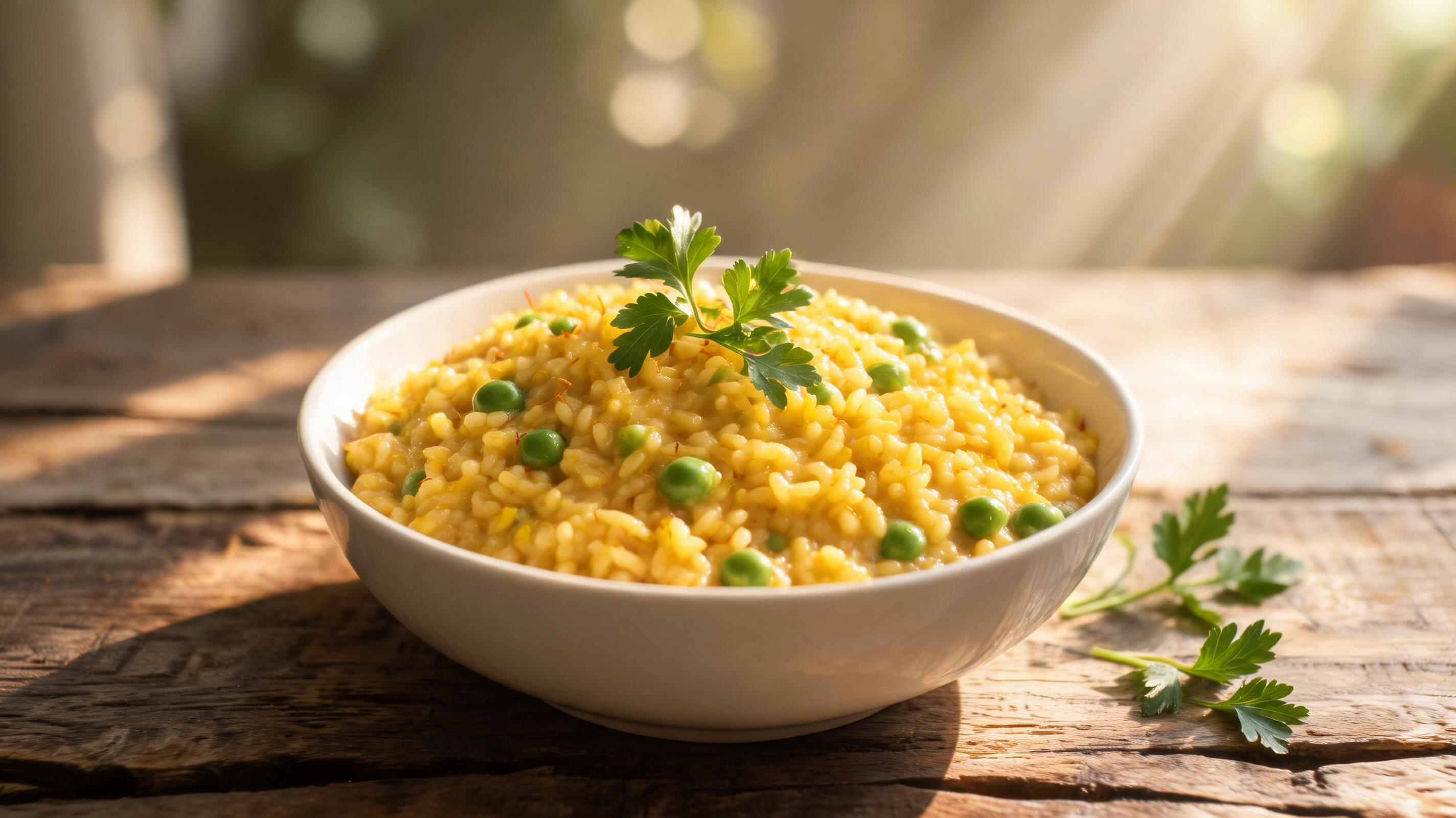 Saffron and pea risotto in a white bowl garnished with parsley, golden creamy texture.