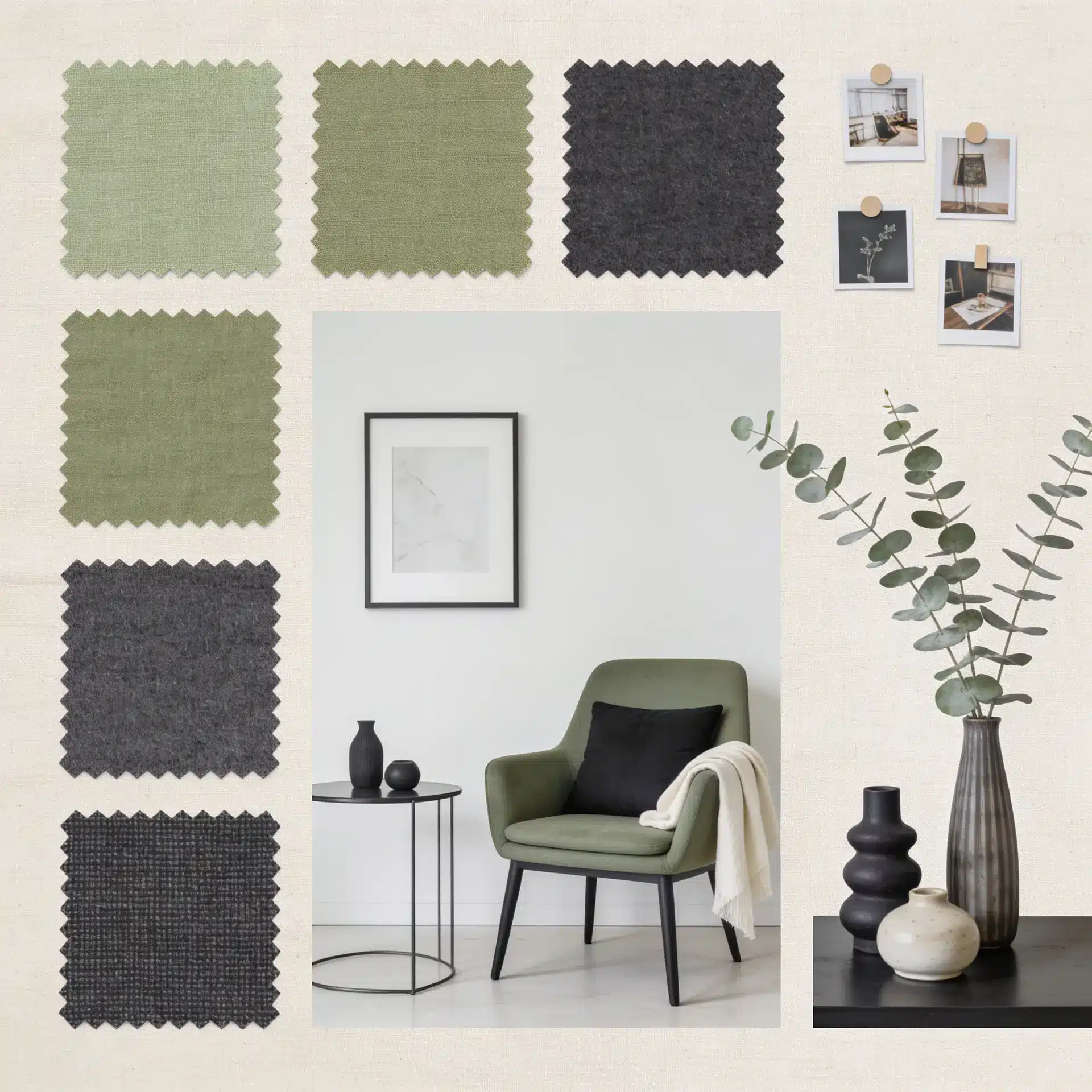 Modern mood board with sage green and charcoal grey interior design swatches