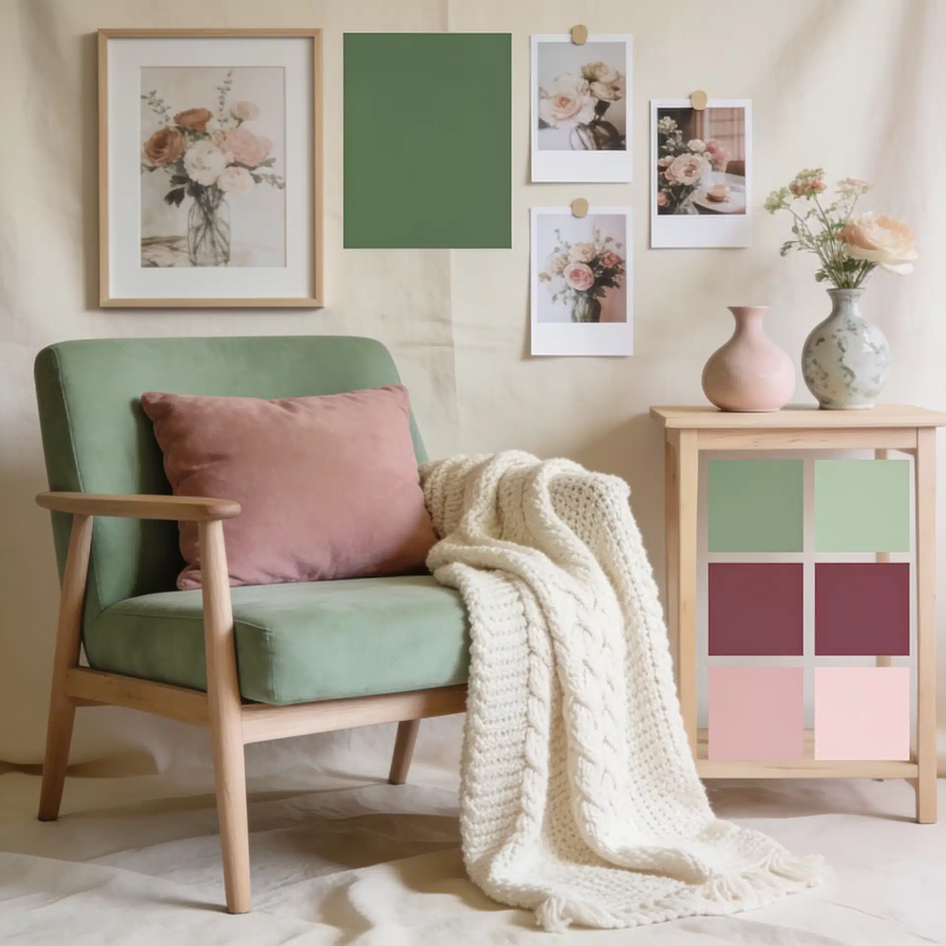 Cozy mood board featuring sage green, dusty pink, and soft floral accents