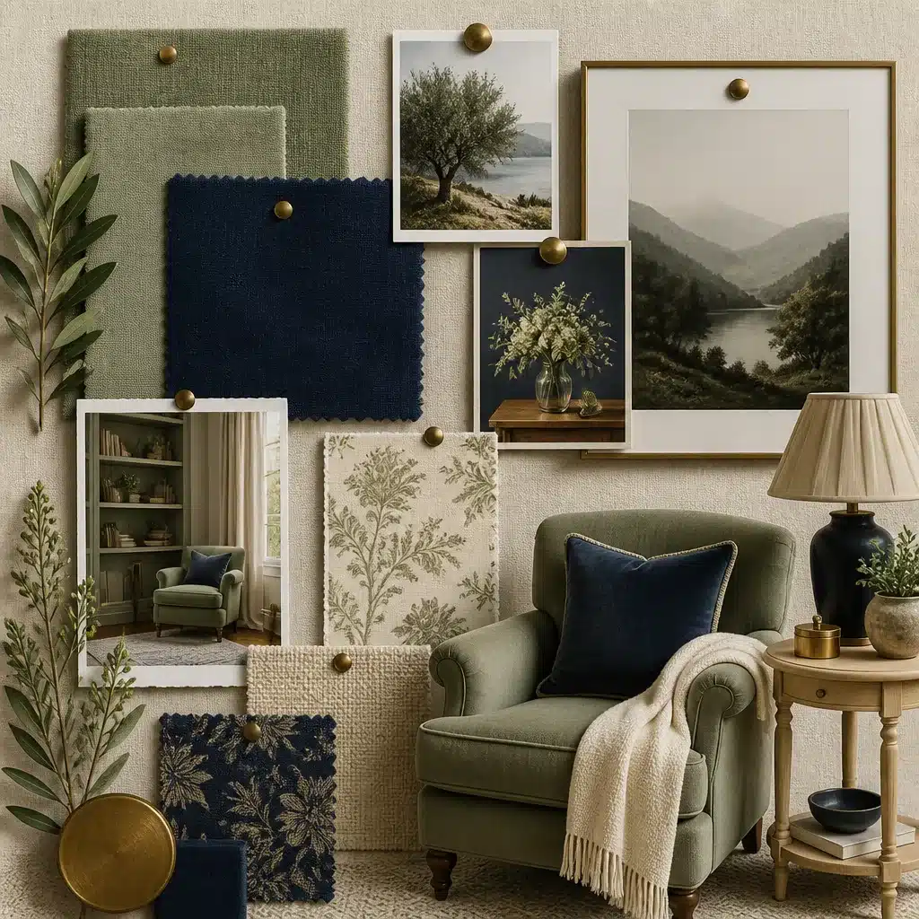 Sage green and navy moodboard with armchair, fabric swatches, botanical art, and brass accents