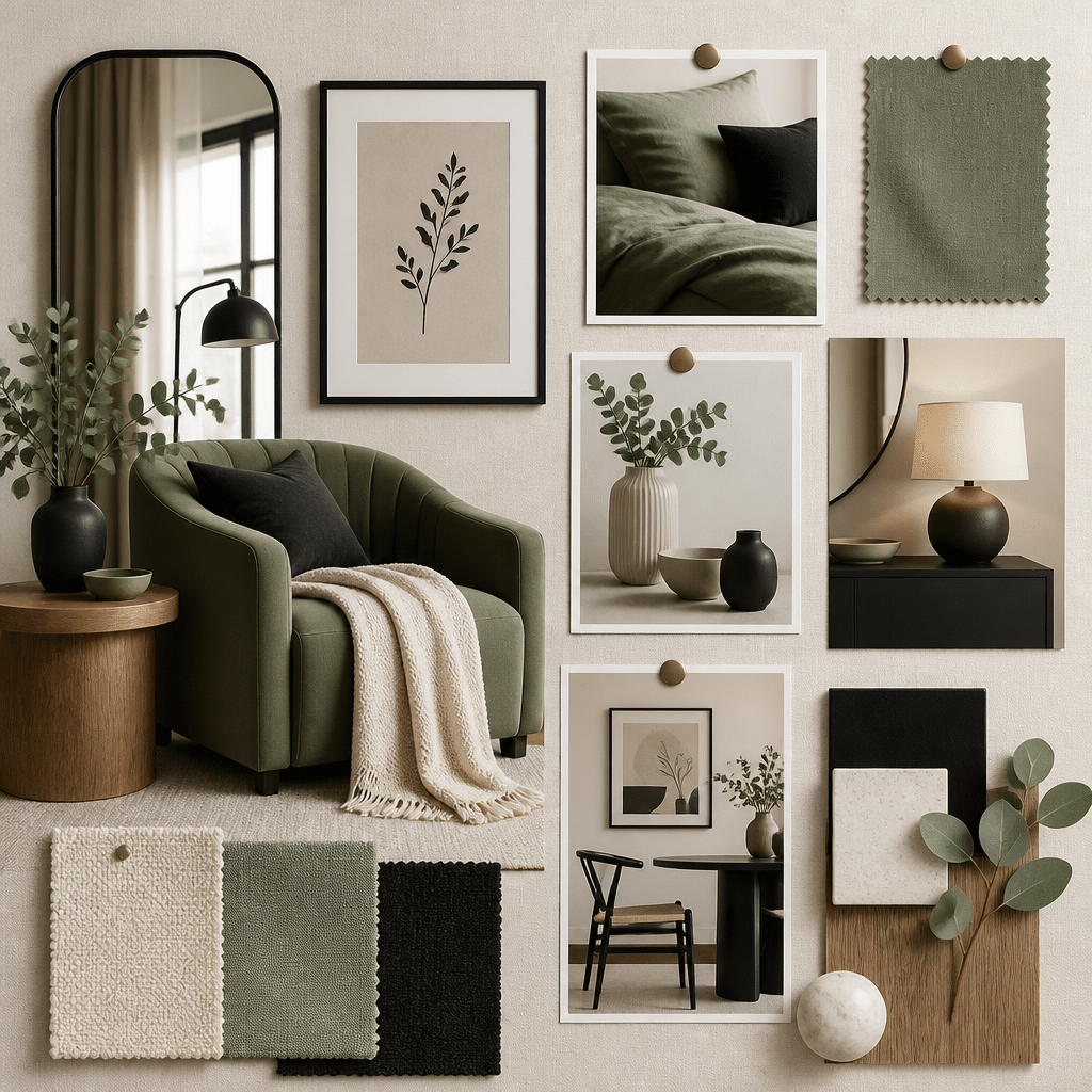 Sage green and black moodboard with chair, fabric swatches, wood accents, and neutral decor