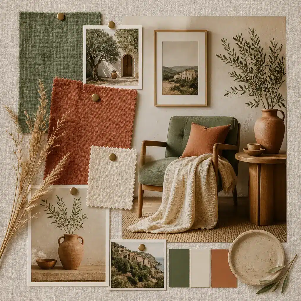 Earthy mood board featuring sage green, terracotta, and warm cream interior details