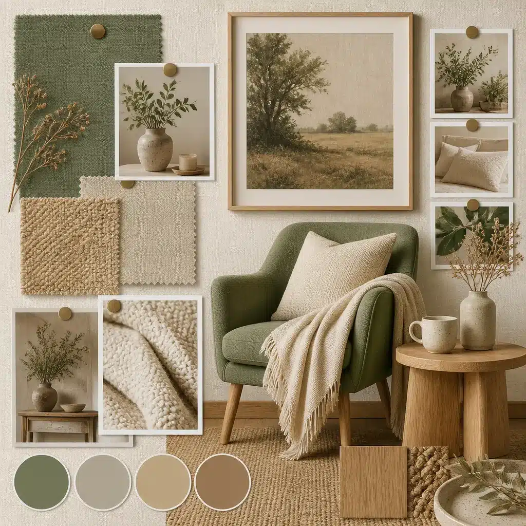 moodboard with chair, swatches, wood, and neutral decor