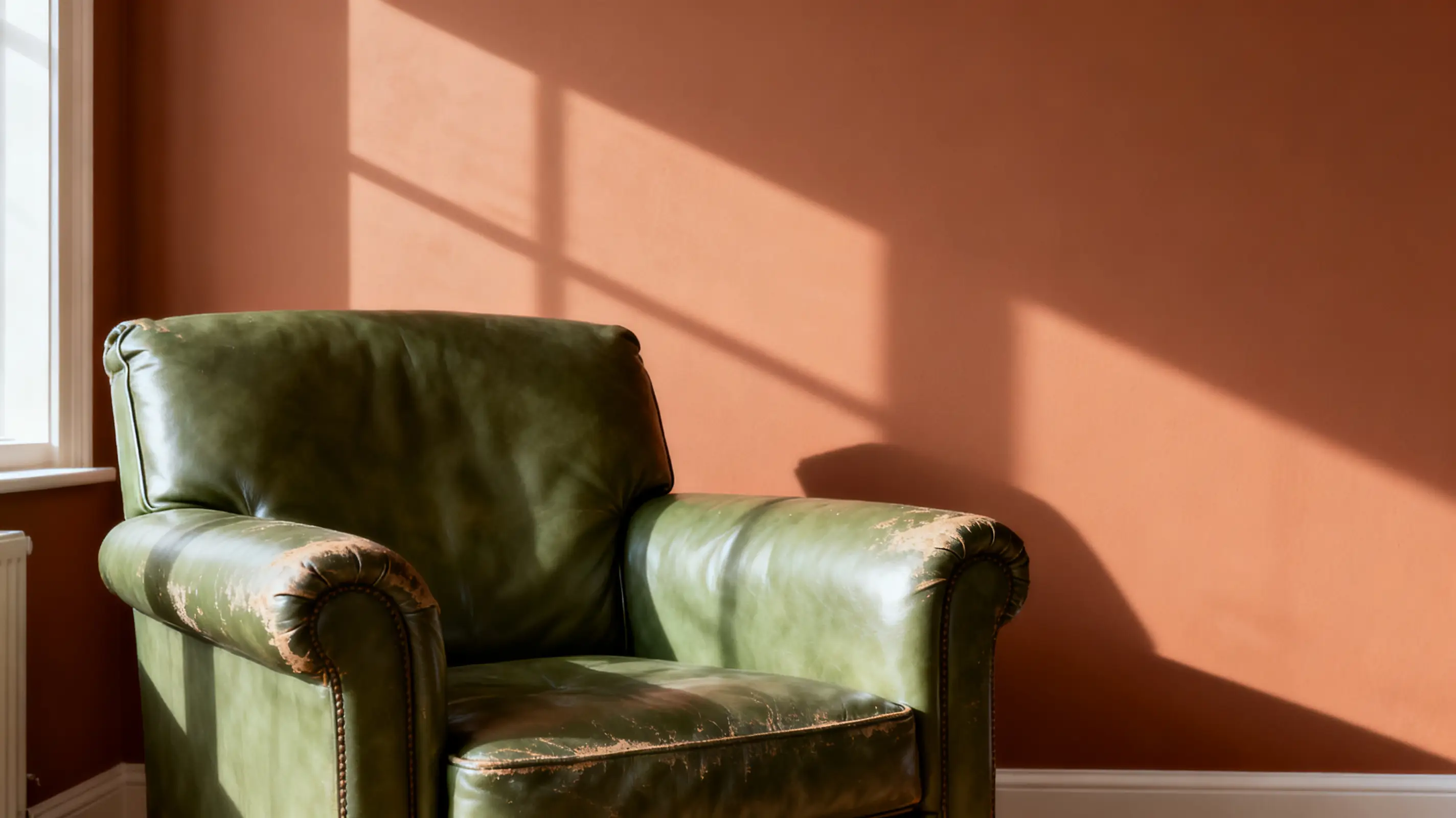 Green leather armchair in well-lit room against warm terracotta wall