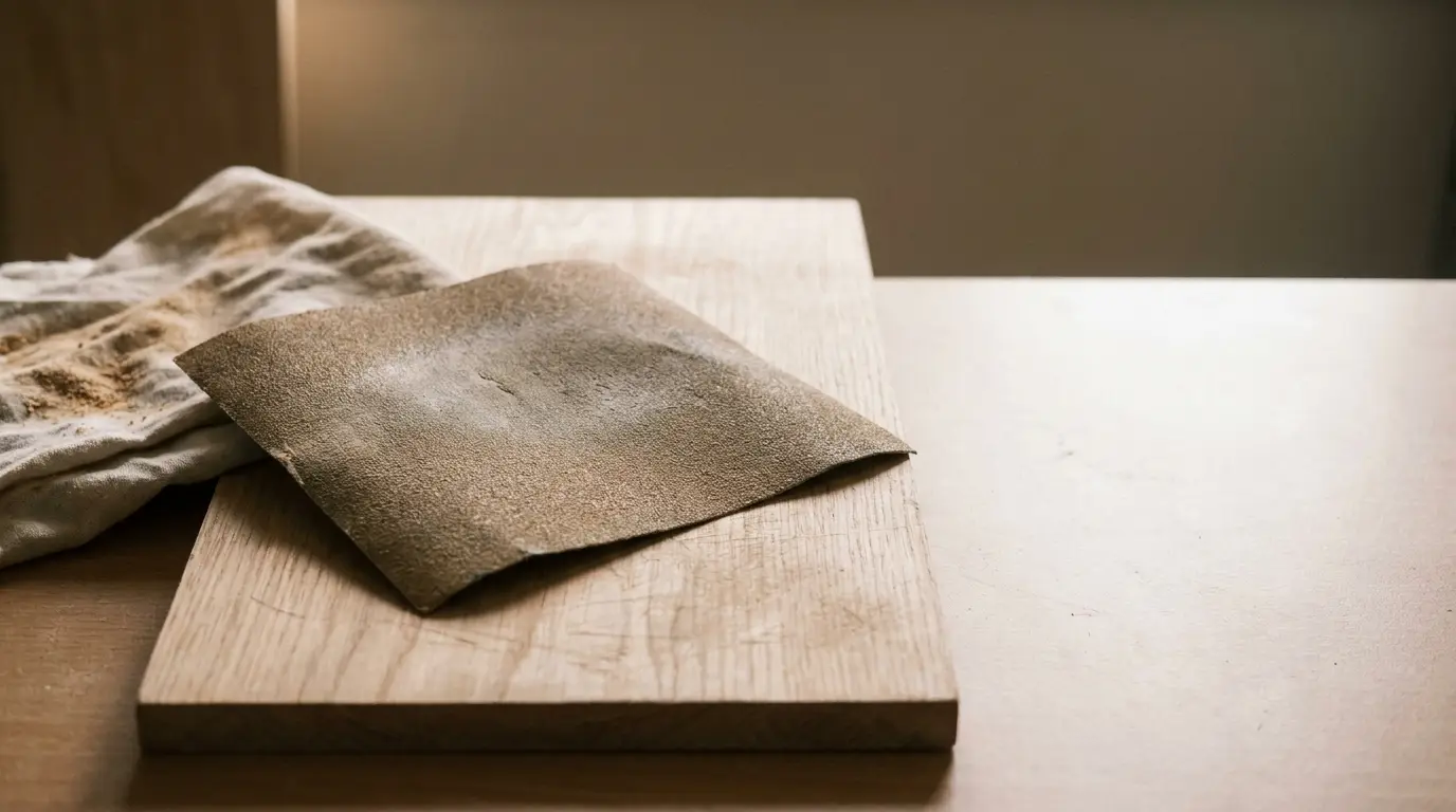 Sandpaper on wooden cutting board with cloth in warm indoor lighting