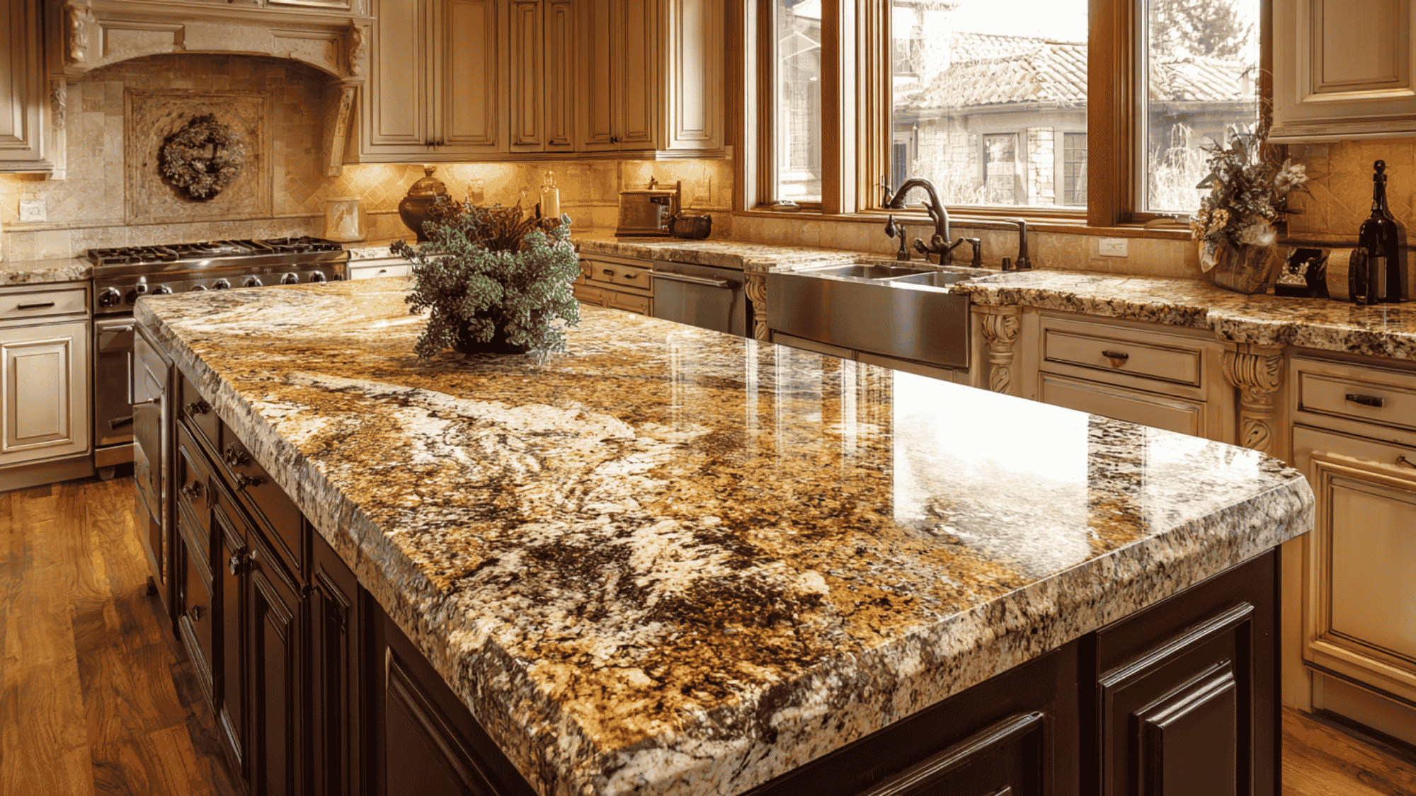 A close-up view of a polished Santa Cecilia granite slab, showcasing a creamy gold base accented by rich brown, black, and subtle burgundy spots.