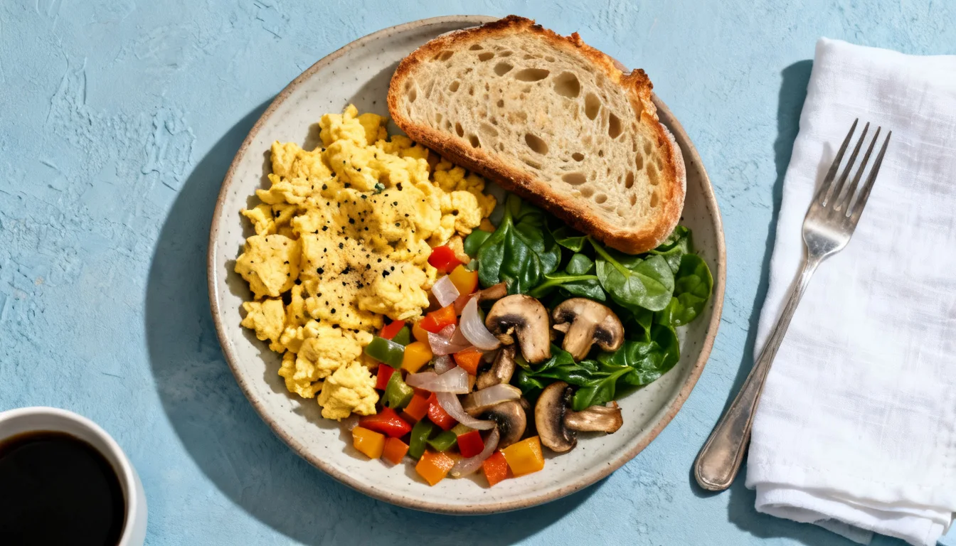 Plate of fluffy tofu, sliced bread, sautéed mushrooms, spinach, and diced bell peppers, with a fork and coffee.