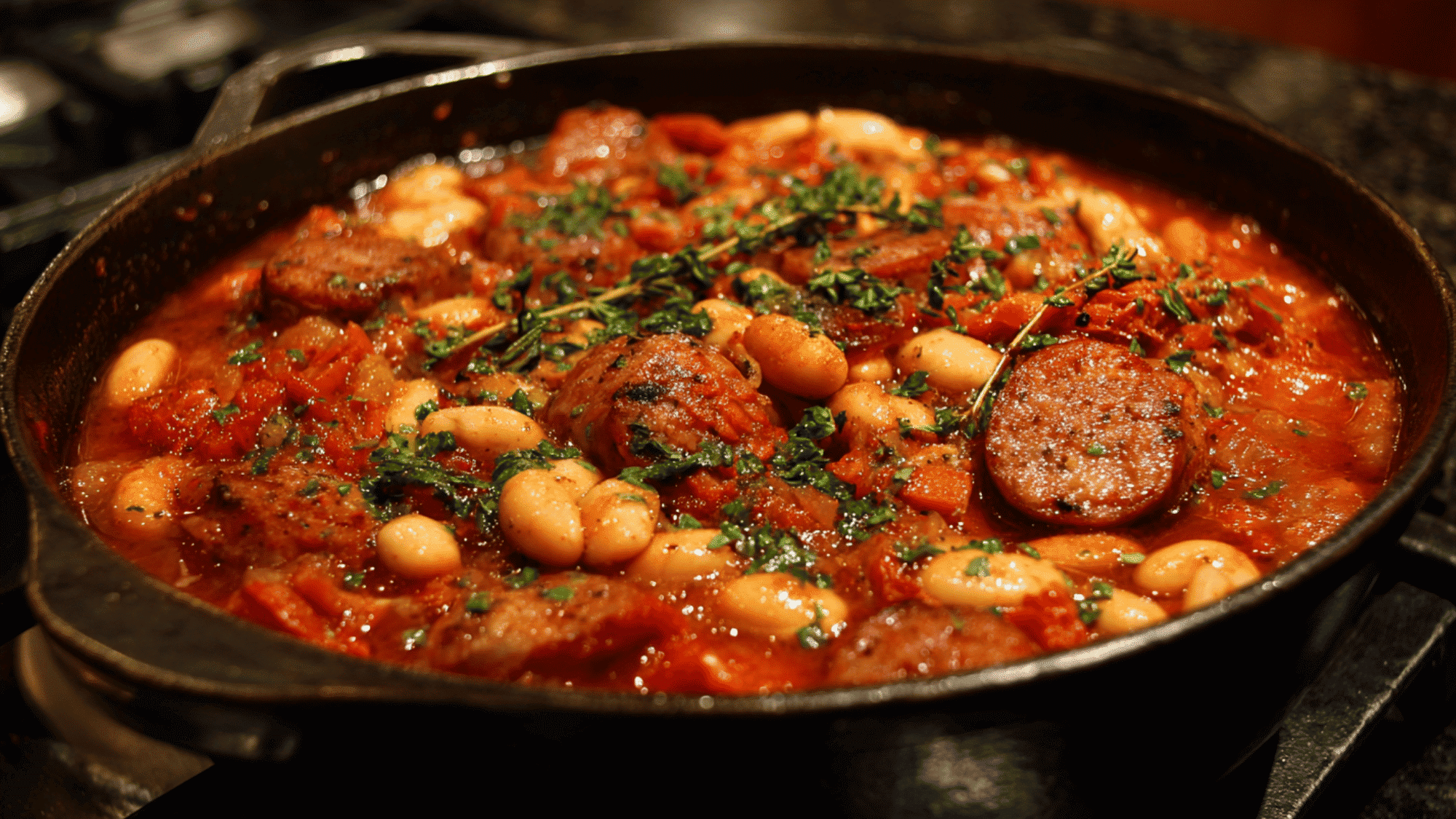 A close-up shot of seasoned sliced sausages, diced tomatoes, and white beans simmering together in a rich, savory broth inside a slow cooker.