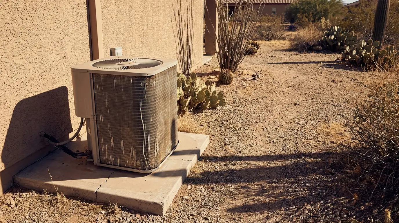 Rusted air conditioning unit beside desert home with dry plants and gravel surrounding