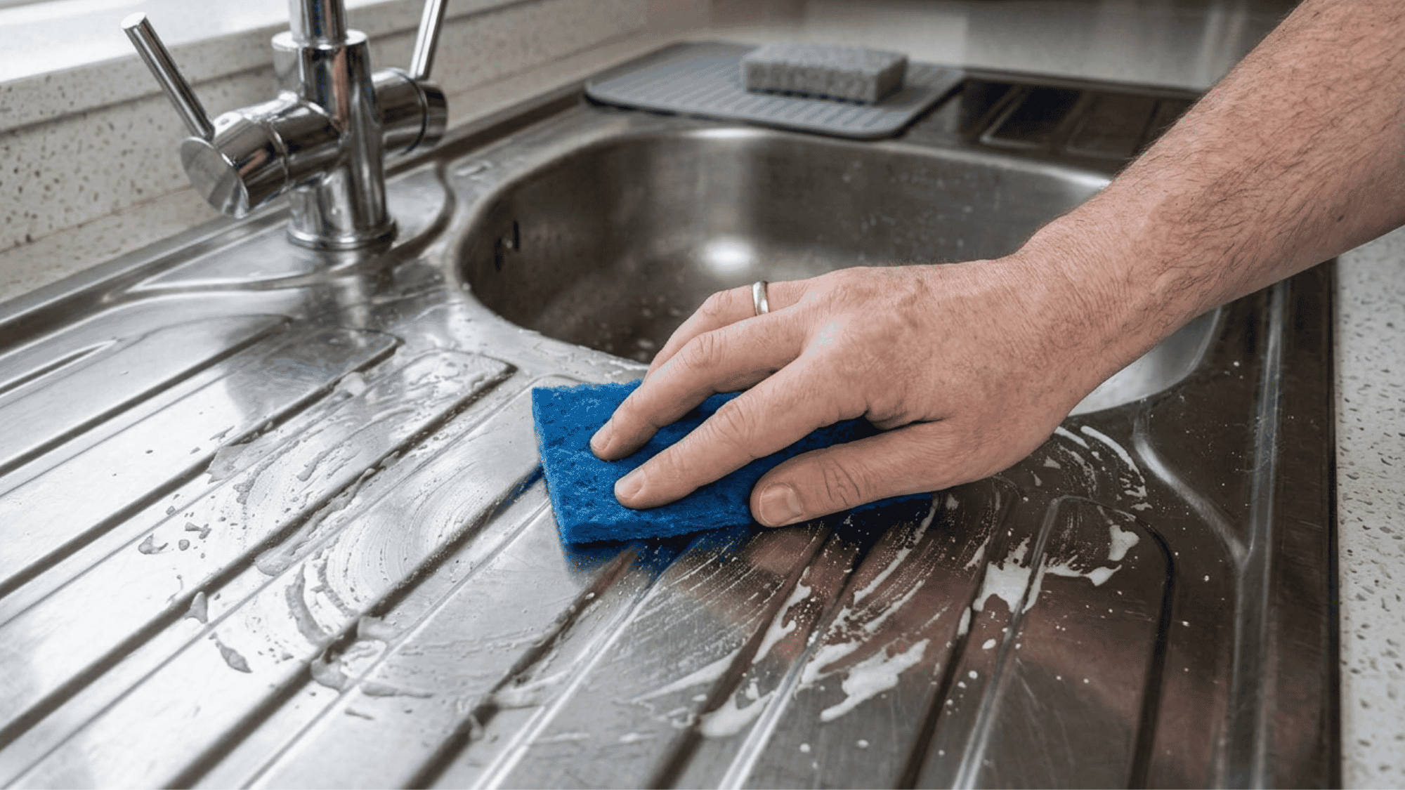 A hand using a non-scratch sponge to scrub baking soda onto a stainless steel sink, following the direction of the metal grain.