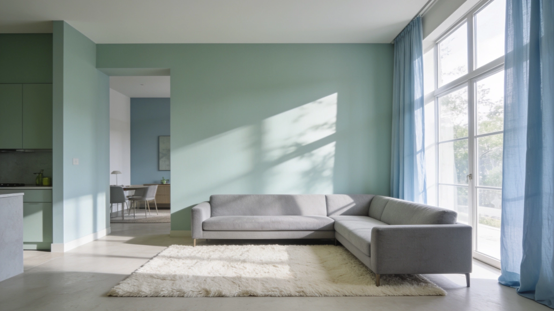 Modern living room with a grey sectional sofa, white rug, and blue curtains next to a large window.