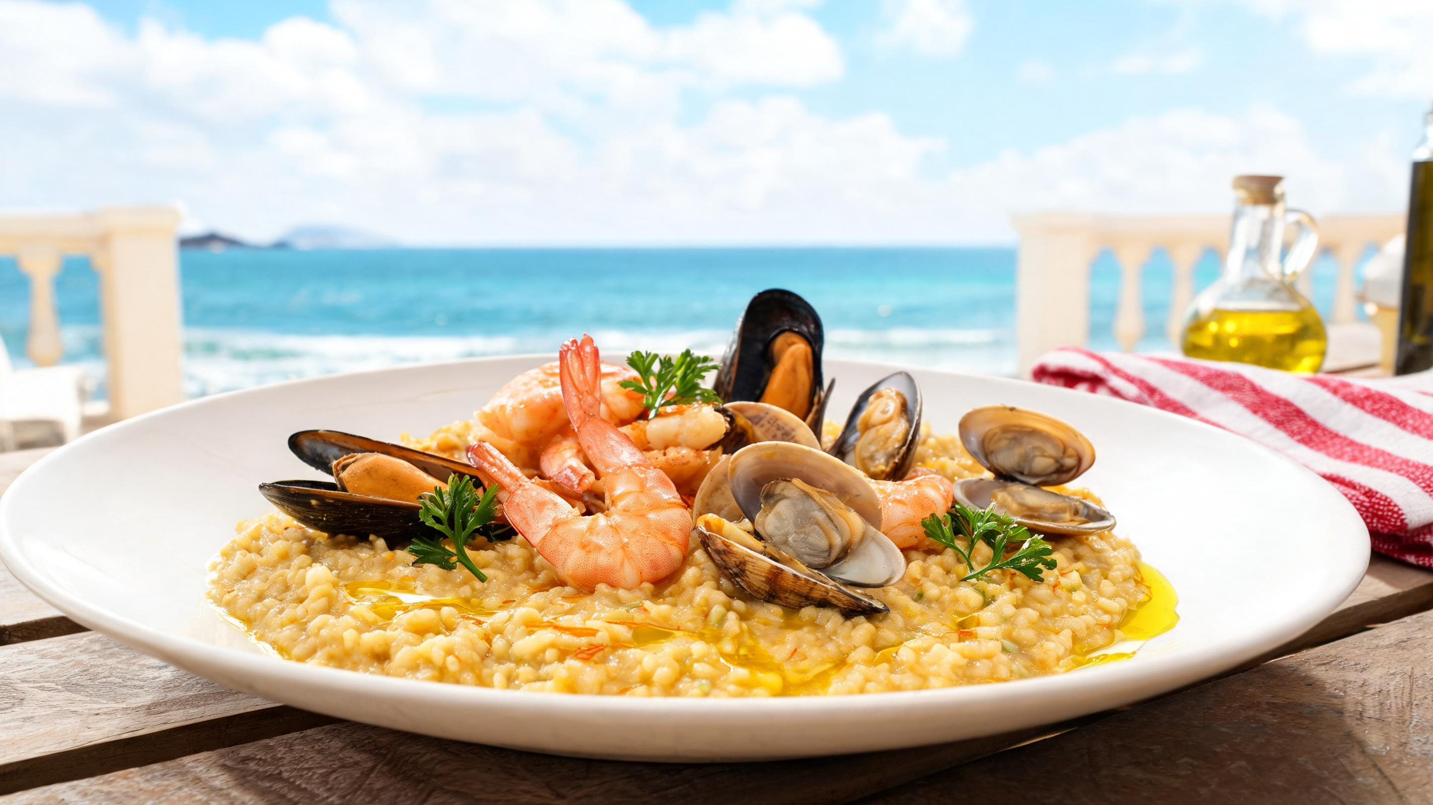 Seafood risotto with shrimp, mussels, and clams on a white plate, ocean view in background.