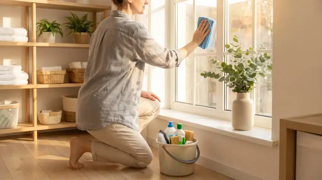 Person cleaning a window with blue cloth in sunlit room with shelves and cleaning supplies