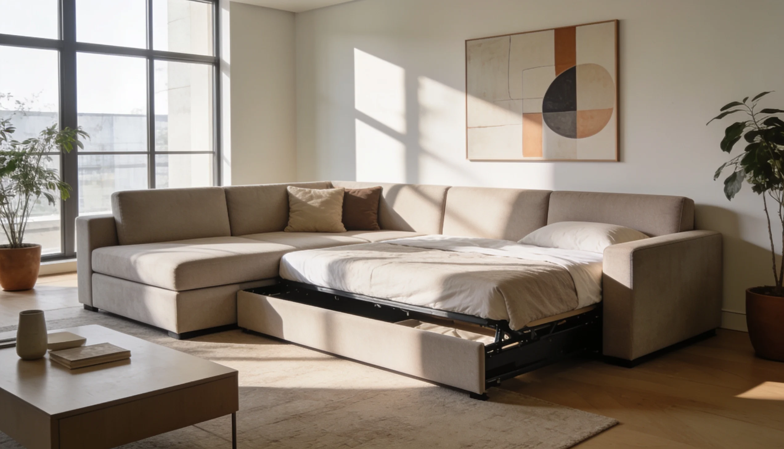 A beige sectional sofa is pulled out to reveal a bed with a pull-out mattress mechanism.