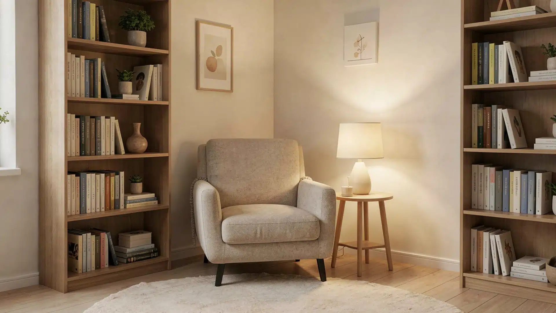 A cozy room featuring a chair and a lamp beside bookshelves filled with books.