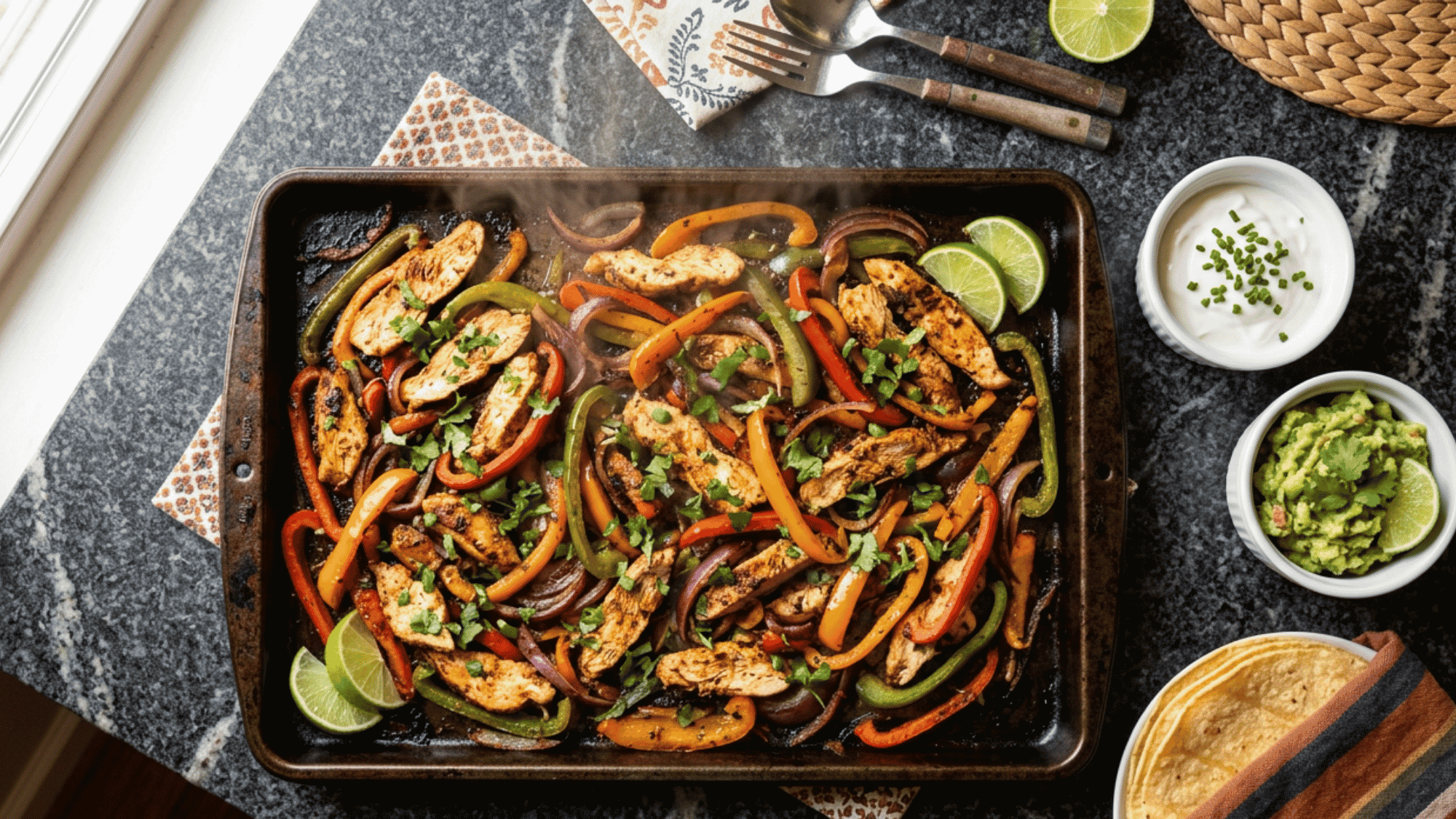 A baking sheet filled with seasoned, sliced chicken breasts, red, green, and yellow bell peppers, and onions roasted to a light char.