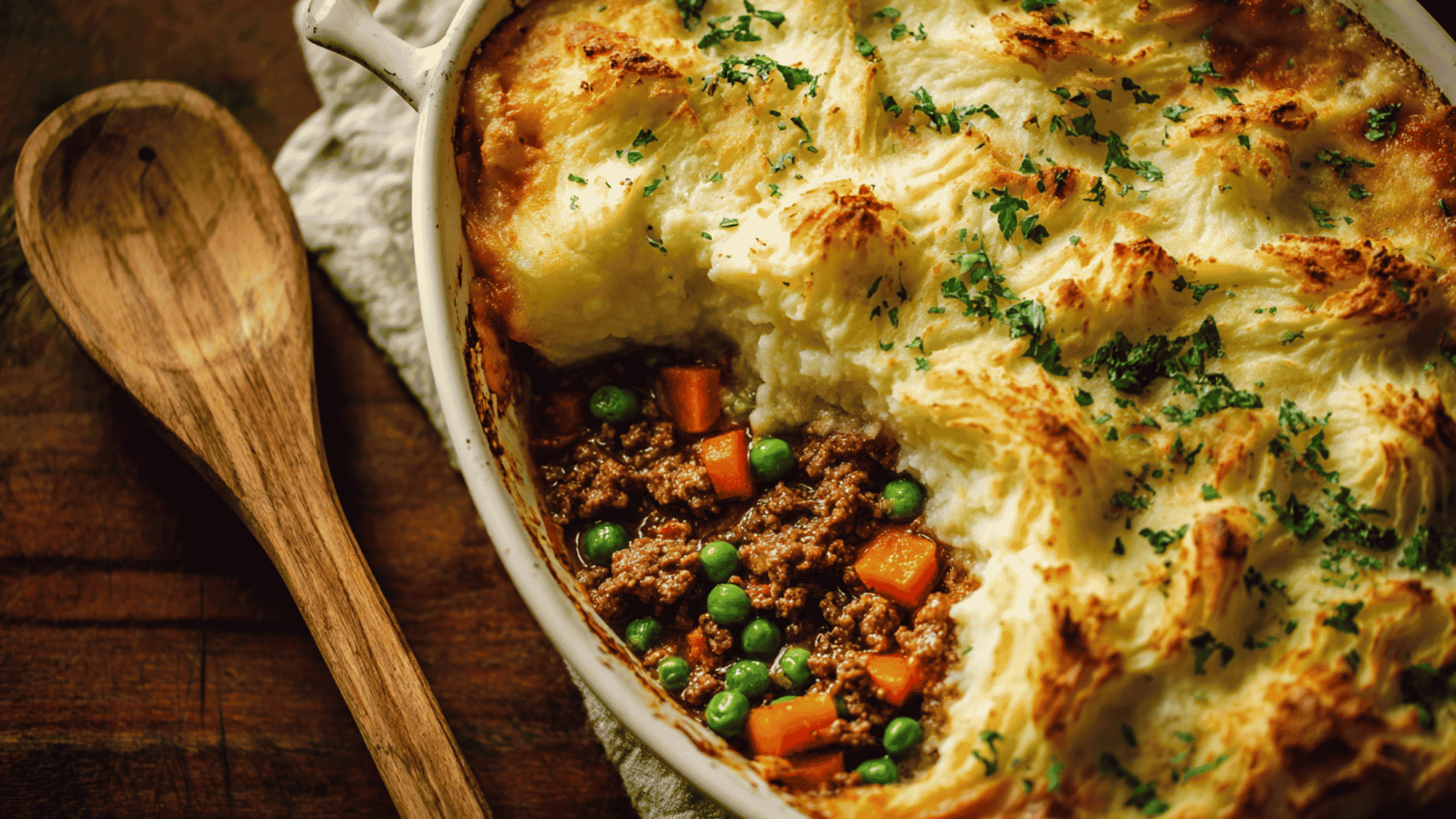 A comforting skillet of shepherd's pie topped with creamy mashed potatoes.