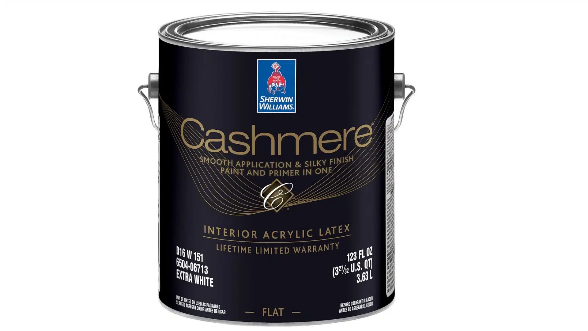 Sherwin-Williams Cashmere Extra White flat interior acrylic latex paint and primer can.
