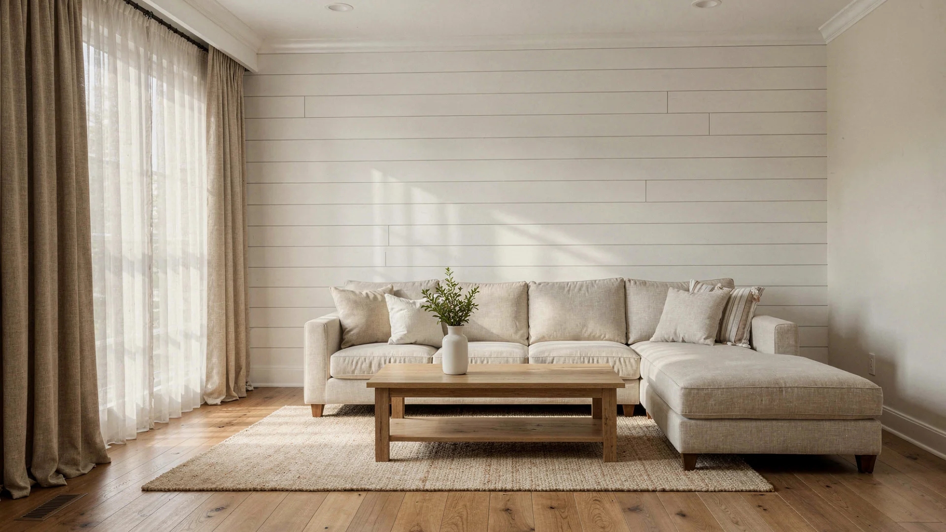 A sectional sofa and coffee table sit on a rug in front of a shiplap wall and large windows with curtains