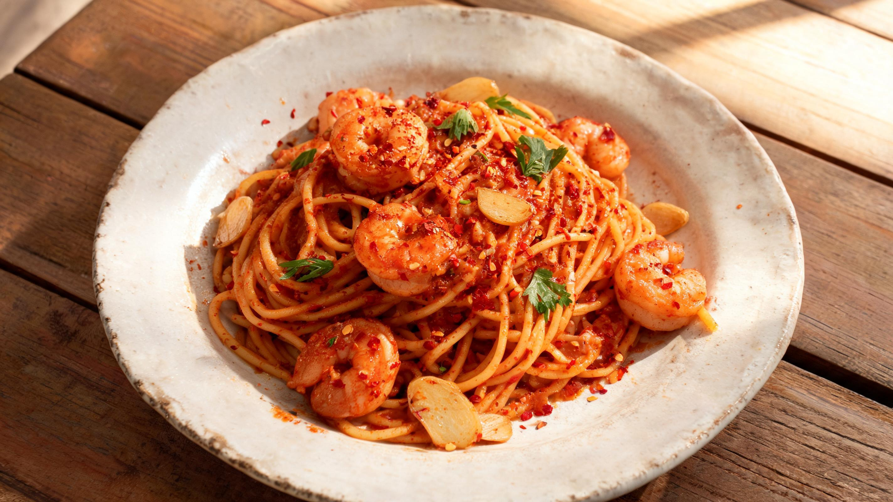 Roasted shrimp pasta with garlic, red chili flakes, and fresh parsley on a plate.