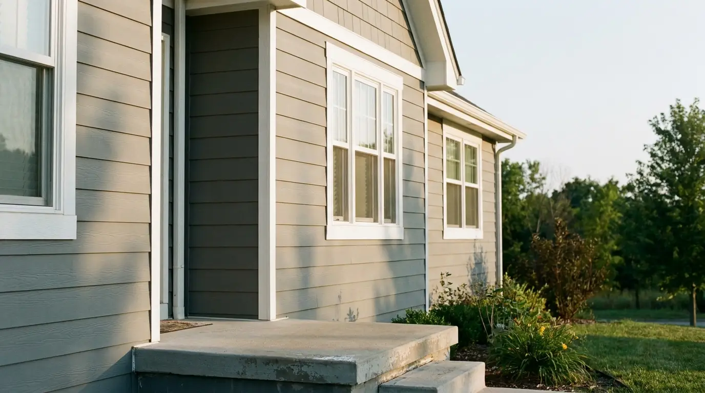 Gray wooden house exterior with white trim and concrete steps in a sunny garden setting