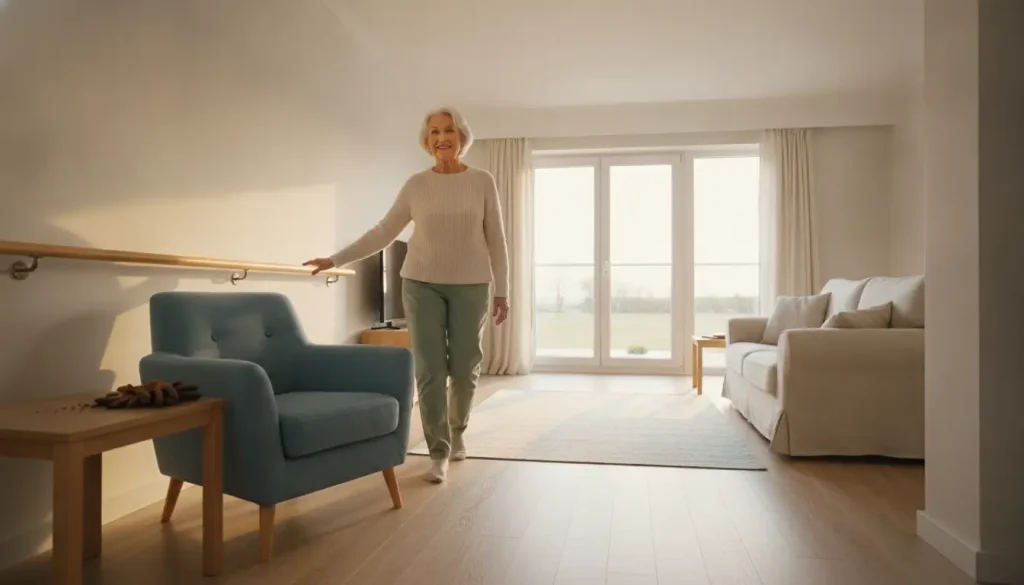 Elderly woman walking in sunlit living room with blue armchair and large window