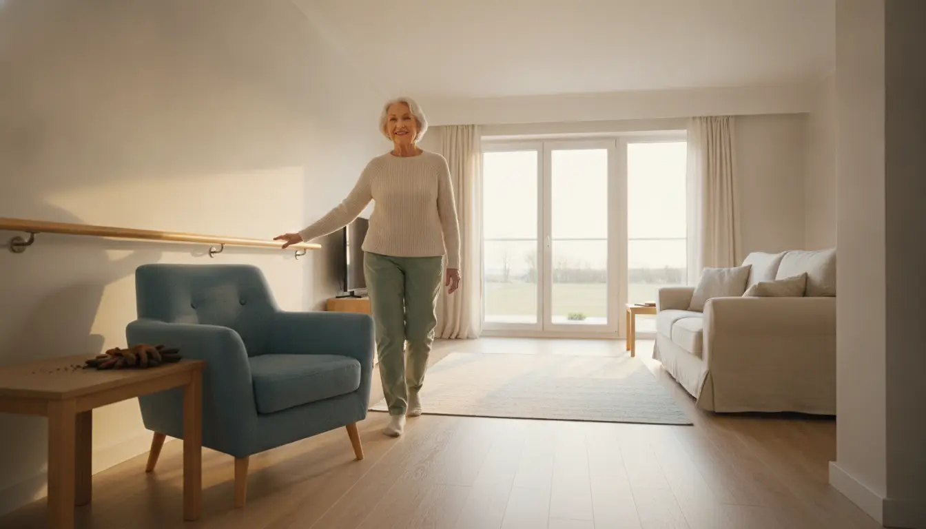 Elderly woman walking in sunlit living room with blue armchair and large window